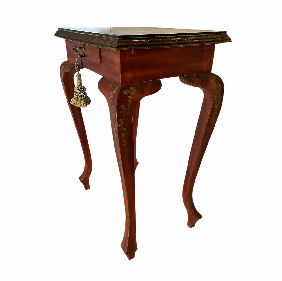 Photo 1 of ANTIQUE GLASS TOP FLORAL PAINTED ACCENT TABLE 23” X 16” H32”