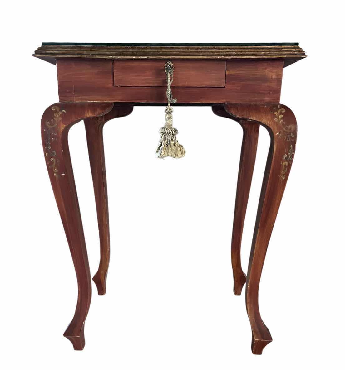 Photo 1 of ANTIQUE GLASS TOP FLORAL PAINTED ACCENT TABLE 23” X 16” H32”