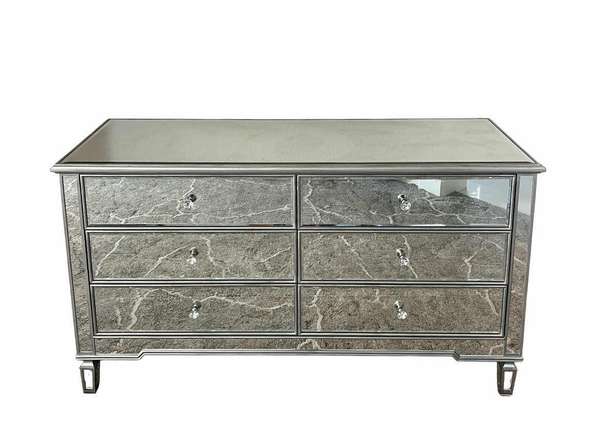 Photo 1 of BRIXTON MIRROR PANELED 6 DRAWER ANTIQUE SILVER FINISH WOOD DRESSER 60” X 21” H33”