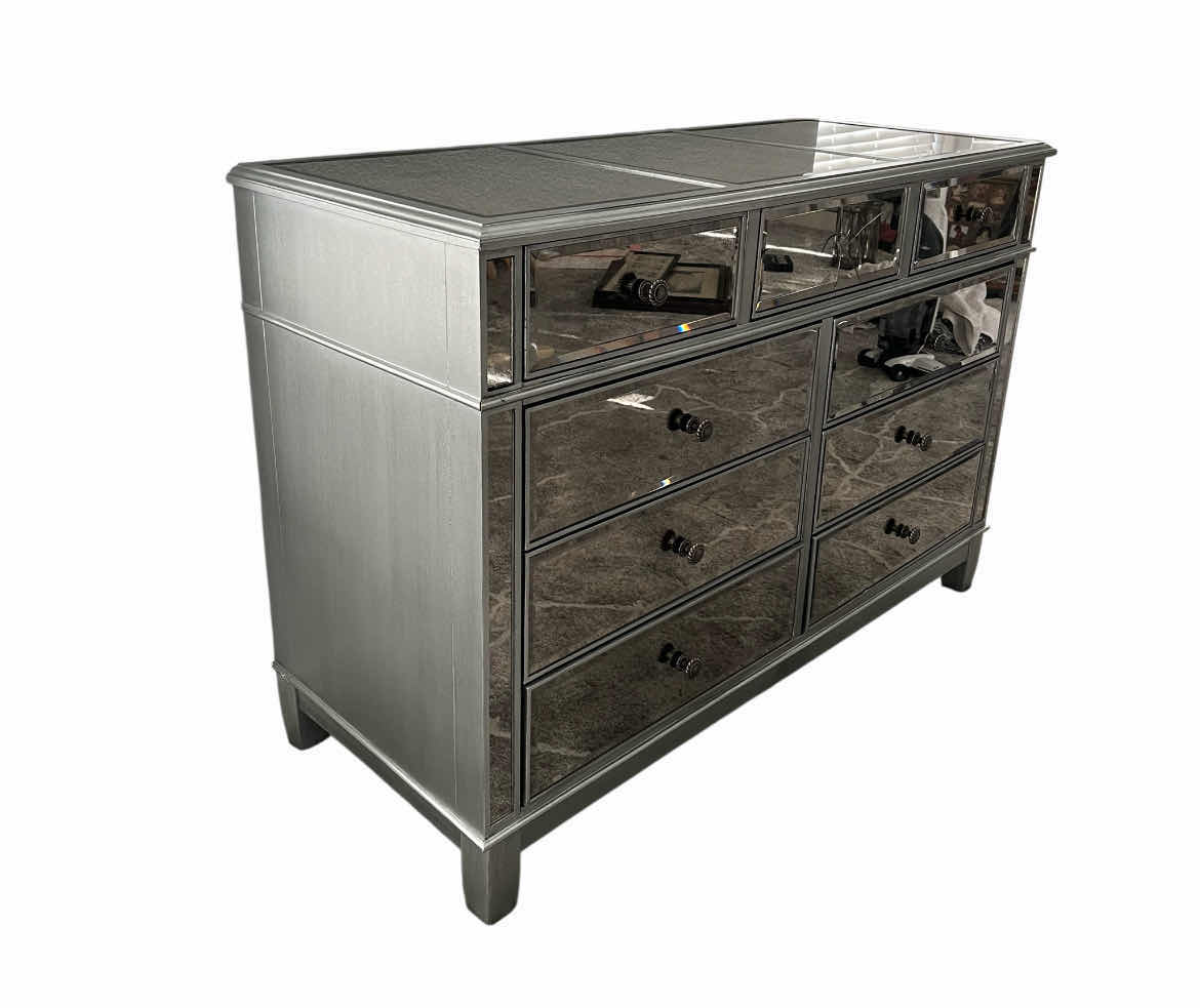 Photo 1 of PIER ONE MIRROR PANELED 9 DRAWER ANTIQUE SILVER FINISH WOOD DRESSER 51.5” X 21.5” H35”