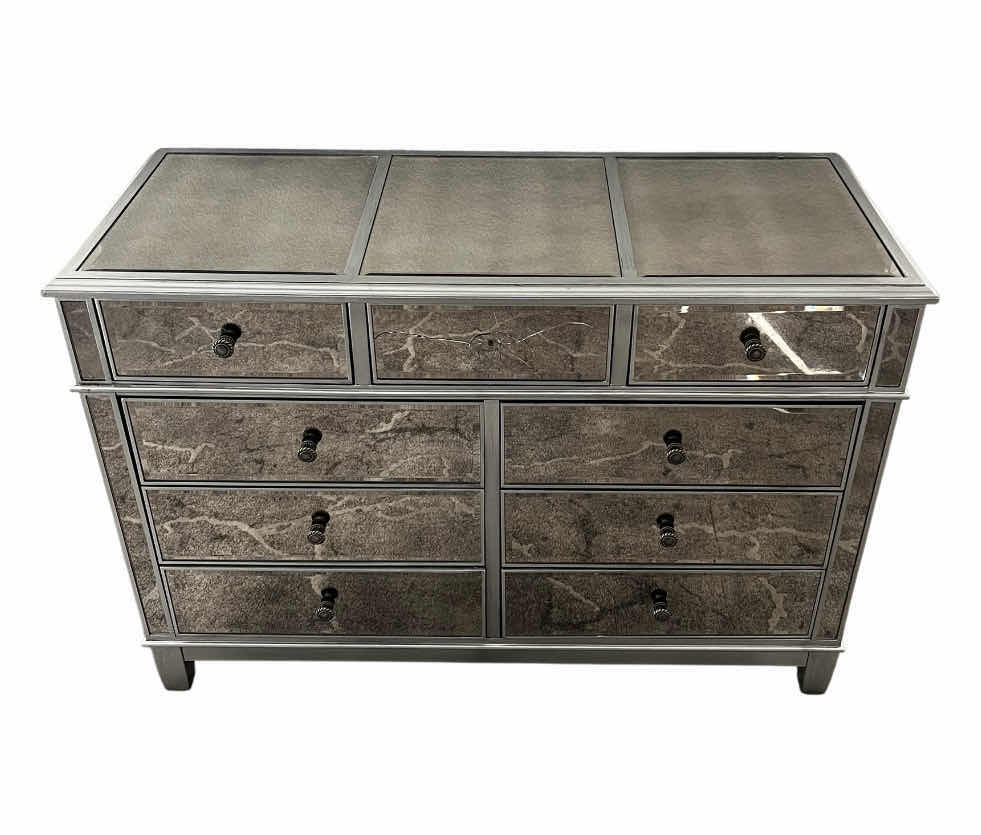 Photo 1 of PIER ONE MIRROR PANELED 9 DRAWER ANTIQUE SILVER FINISH WOOD DRESSER 51.5” X 21.5” H35”