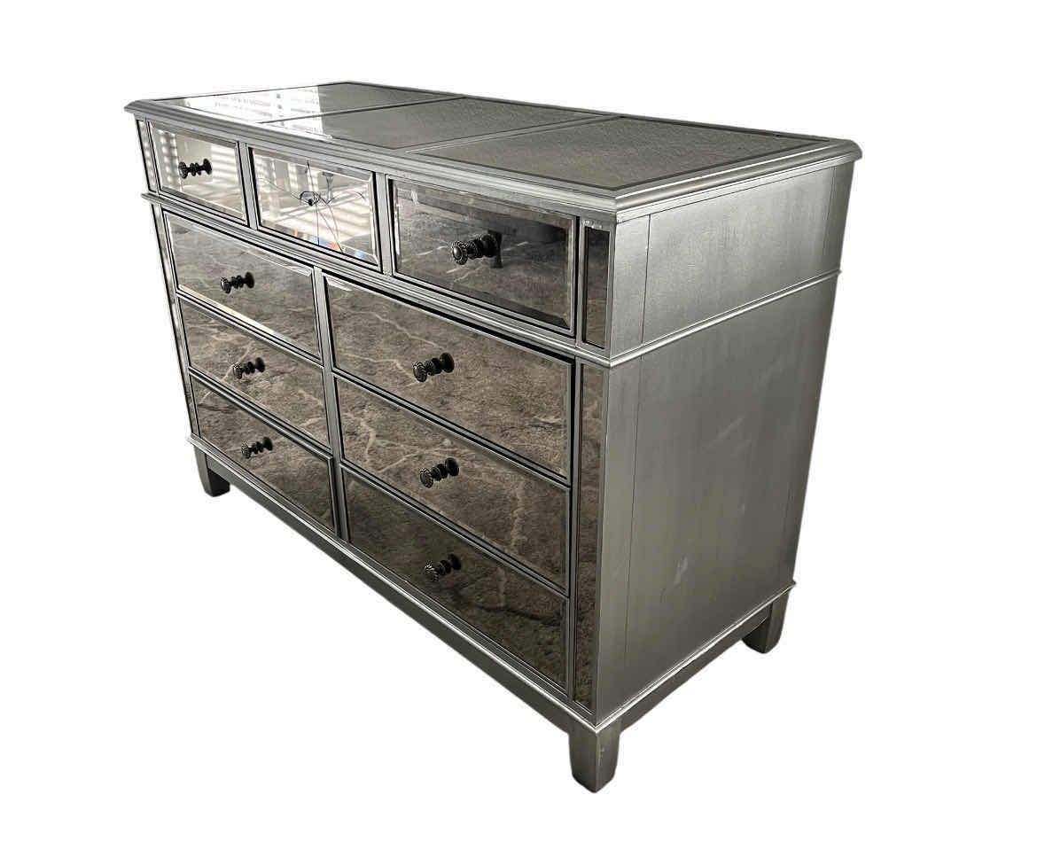 Photo 1 of PIER ONE MIRROR PANELED 9 DRAWER ANTIQUE SILVER FINISH WOOD DRESSER 51.5” X 21.5” H35”