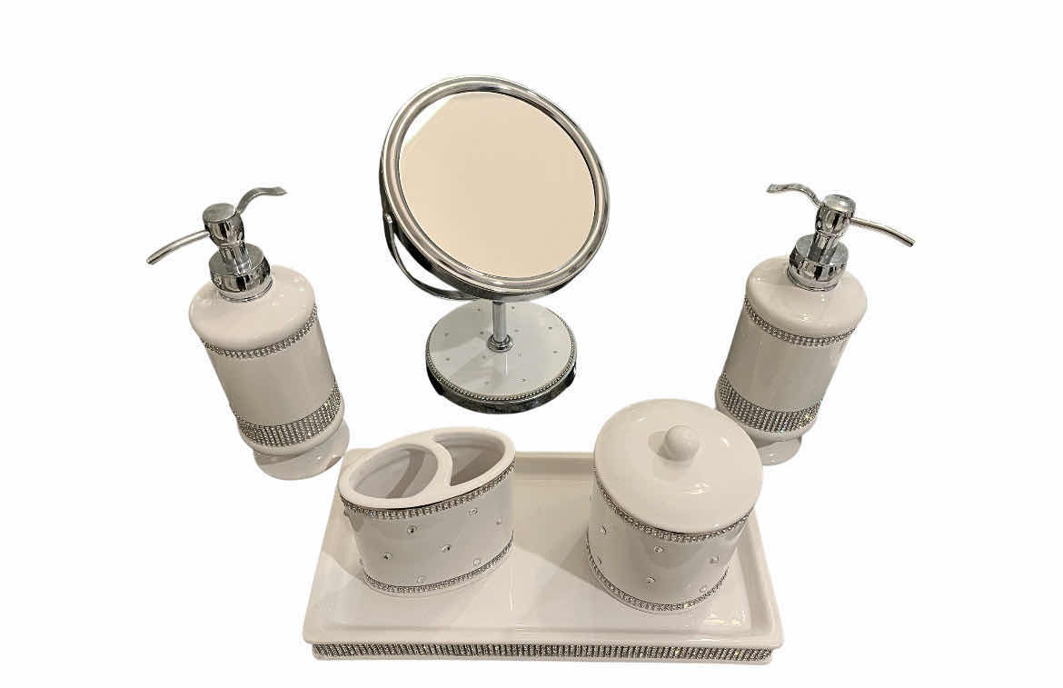 Photo 1 of WHITE BEDAZZLED CERAMIC BATHROOM DECOR (6)