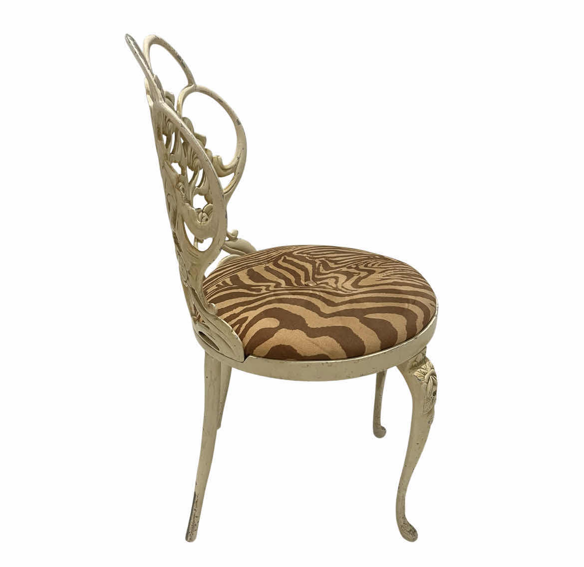 Photo 1 of KESSLER INC VINTAGE ZEBRA UPHOLSTERED FLORAL FRAMED METAL CHAIR 16” X 16” H31”