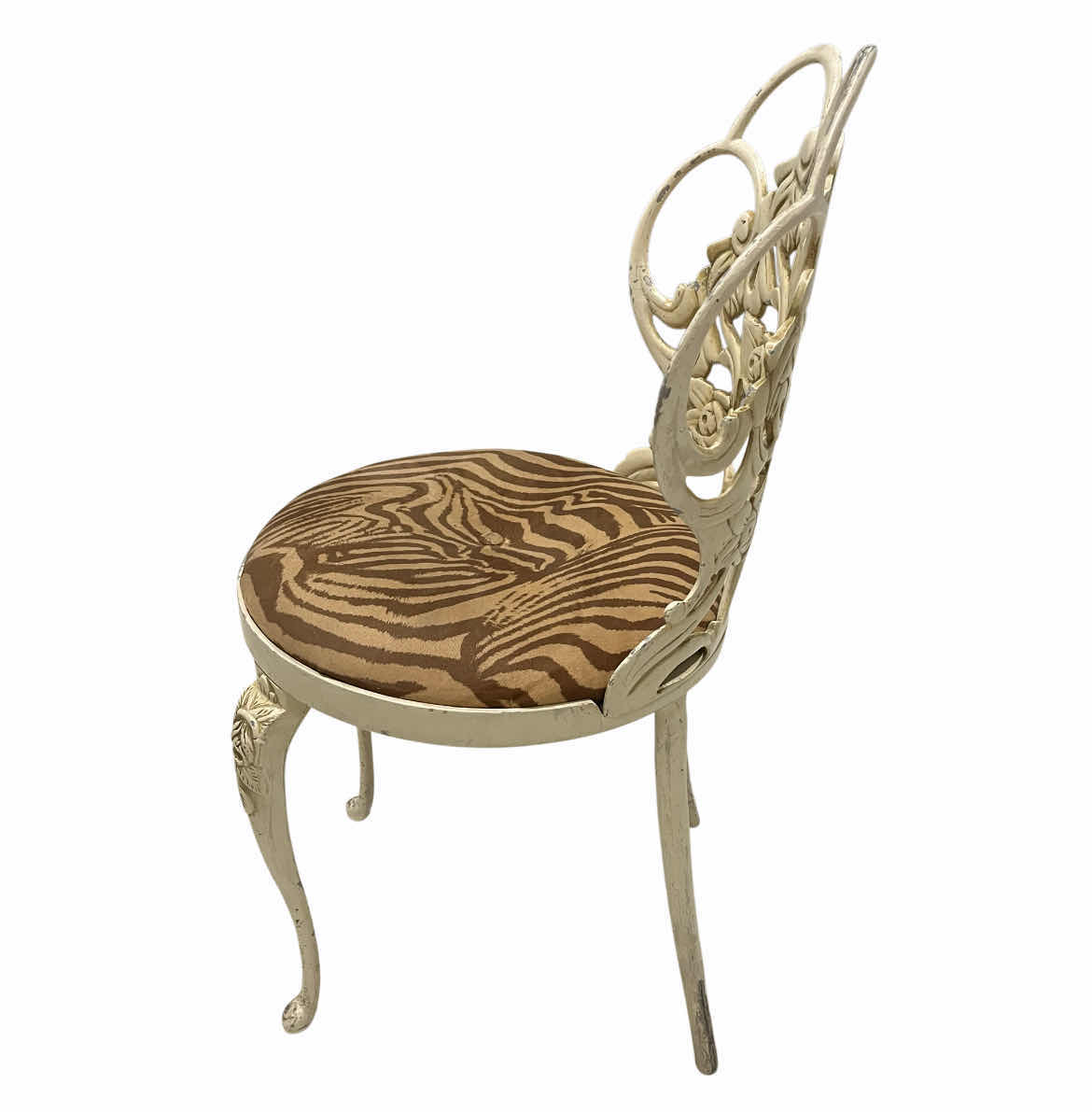 Photo 1 of KESSLER INC VINTAGE ZEBRA UPHOLSTERED FLORAL FRAMED METAL CHAIR 16” X 16” H31”