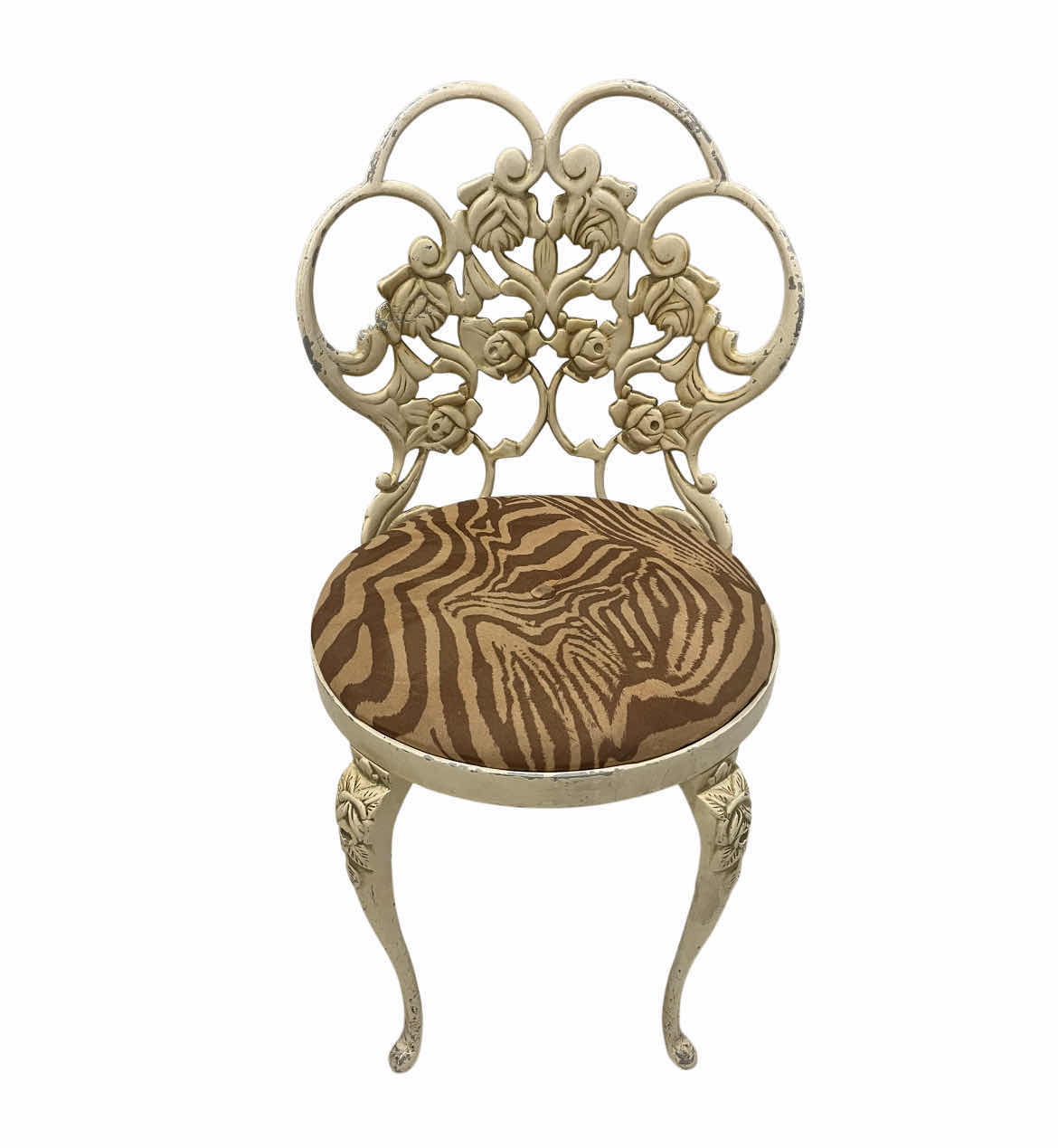 Photo 1 of KESSLER INC VINTAGE ZEBRA UPHOLSTERED FLORAL FRAMED METAL CHAIR 16” X 16” H31”