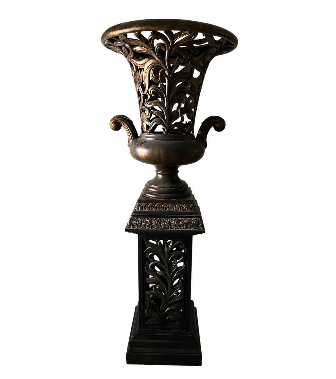 Photo 1 of AGED BROZNE 2PC OVERSIZED URN & PEDESTAL RESIN DECOR 31” X 79” (READ NOTES)