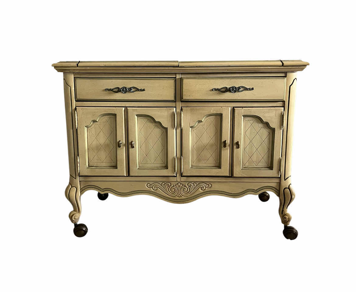 Photo 1 of BROYHILL PREMIER LEAF TOP ROLLING LIQUOR BAR CABINET 40”-63” X 20” H30”