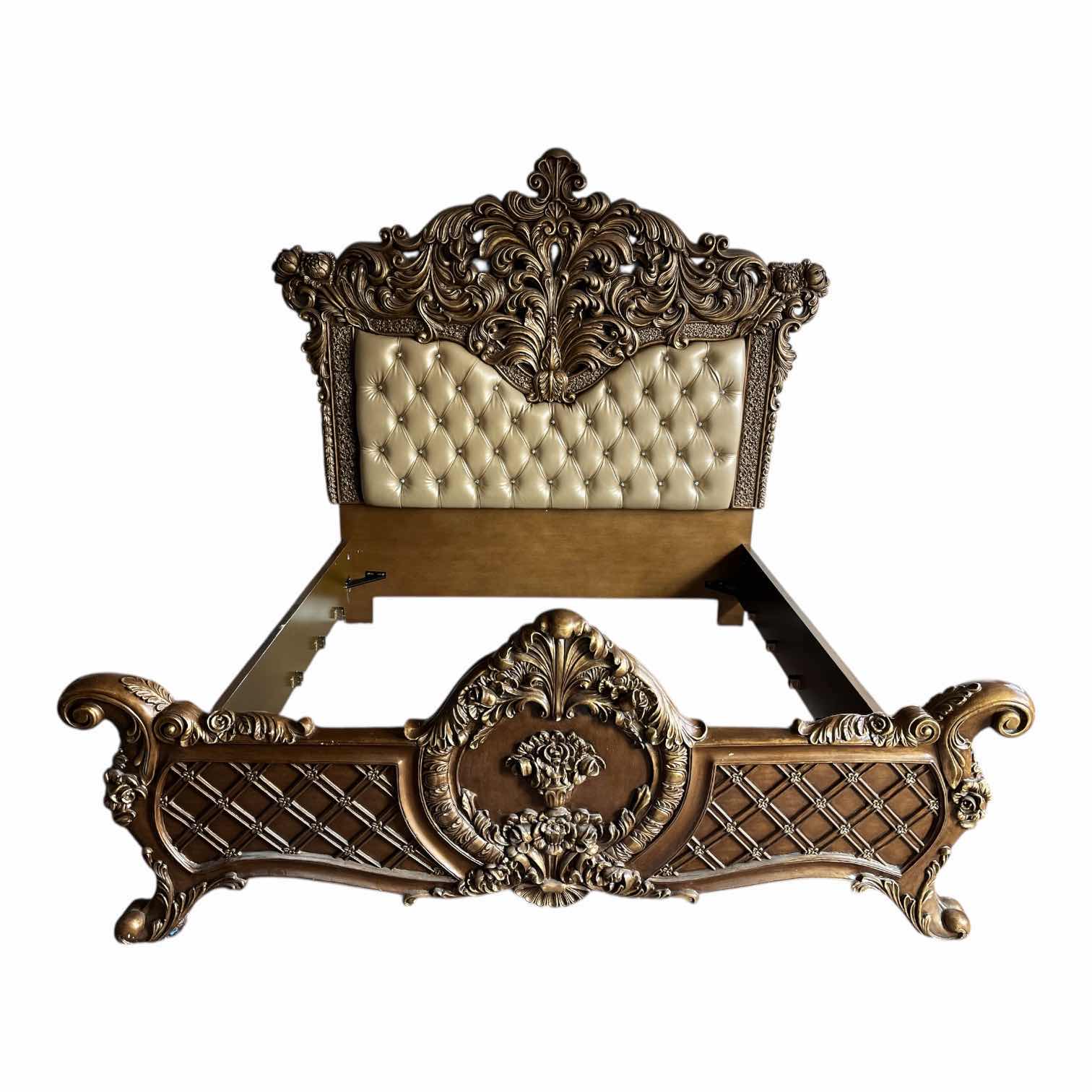 Photo 1 of ACNE FURNITURE CONSTANTINE COLLECTION GOLD ACCENTED FINISH WOOD KING BED FRAME 96” X 92.5” H90” (READ NOTES)