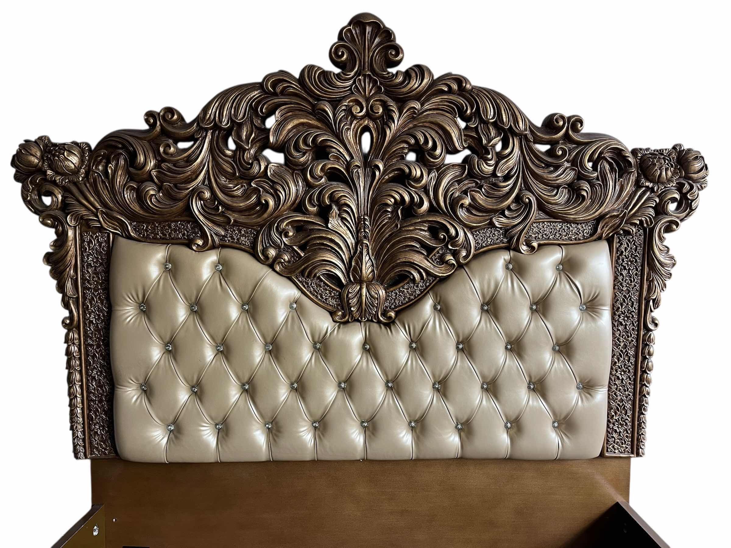 Photo 1 of ACNE FURNITURE CONSTANTINE COLLECTION GOLD ACCENTED FINISH WOOD KING BED FRAME 96” X 92.5” H90” (READ NOTES)