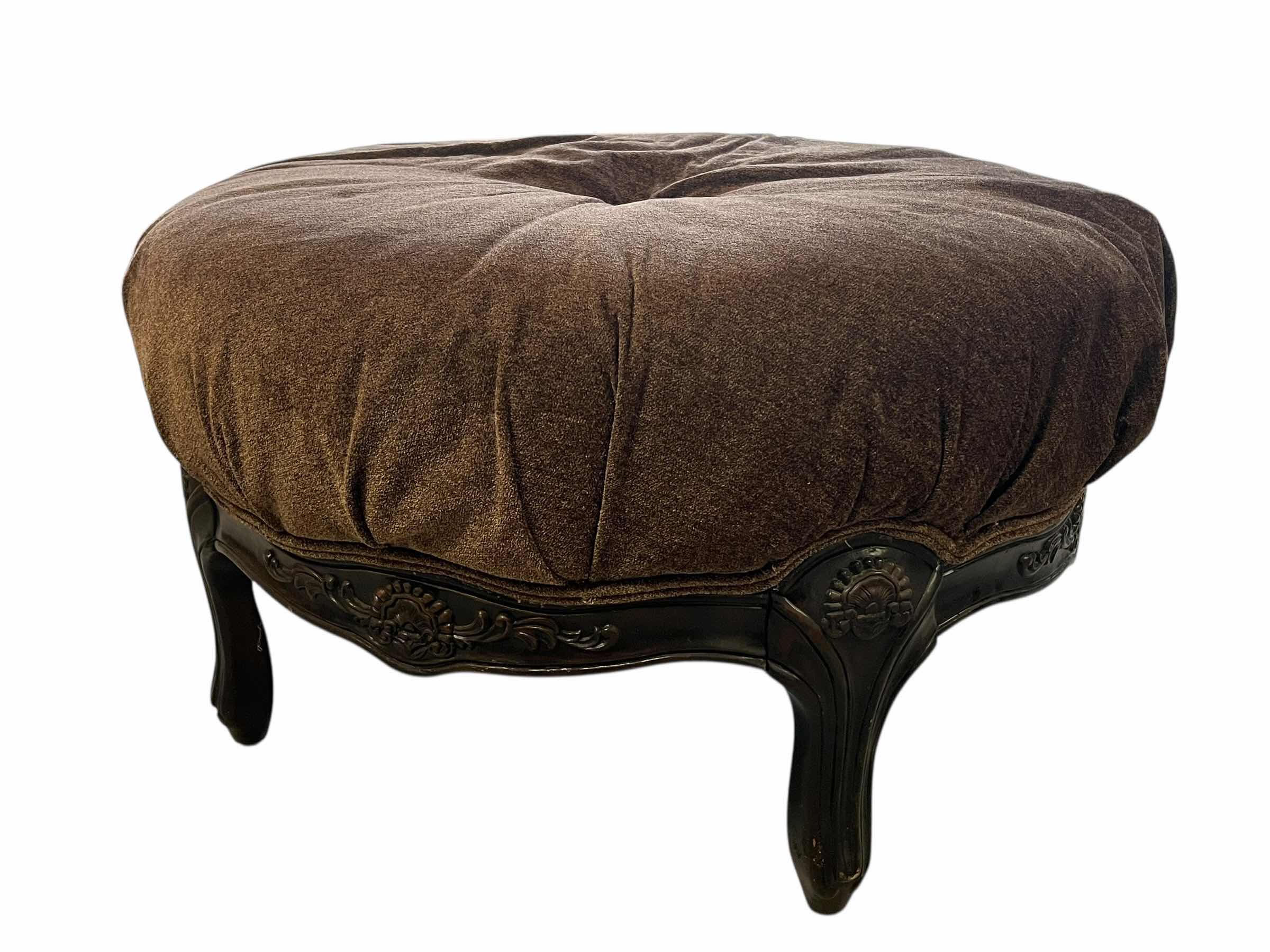 Photo 1 of VINTAGE OVERSIZE BROWN RUFFLED UPHOLSTERED WOOD OTTOMAN 31” X 17