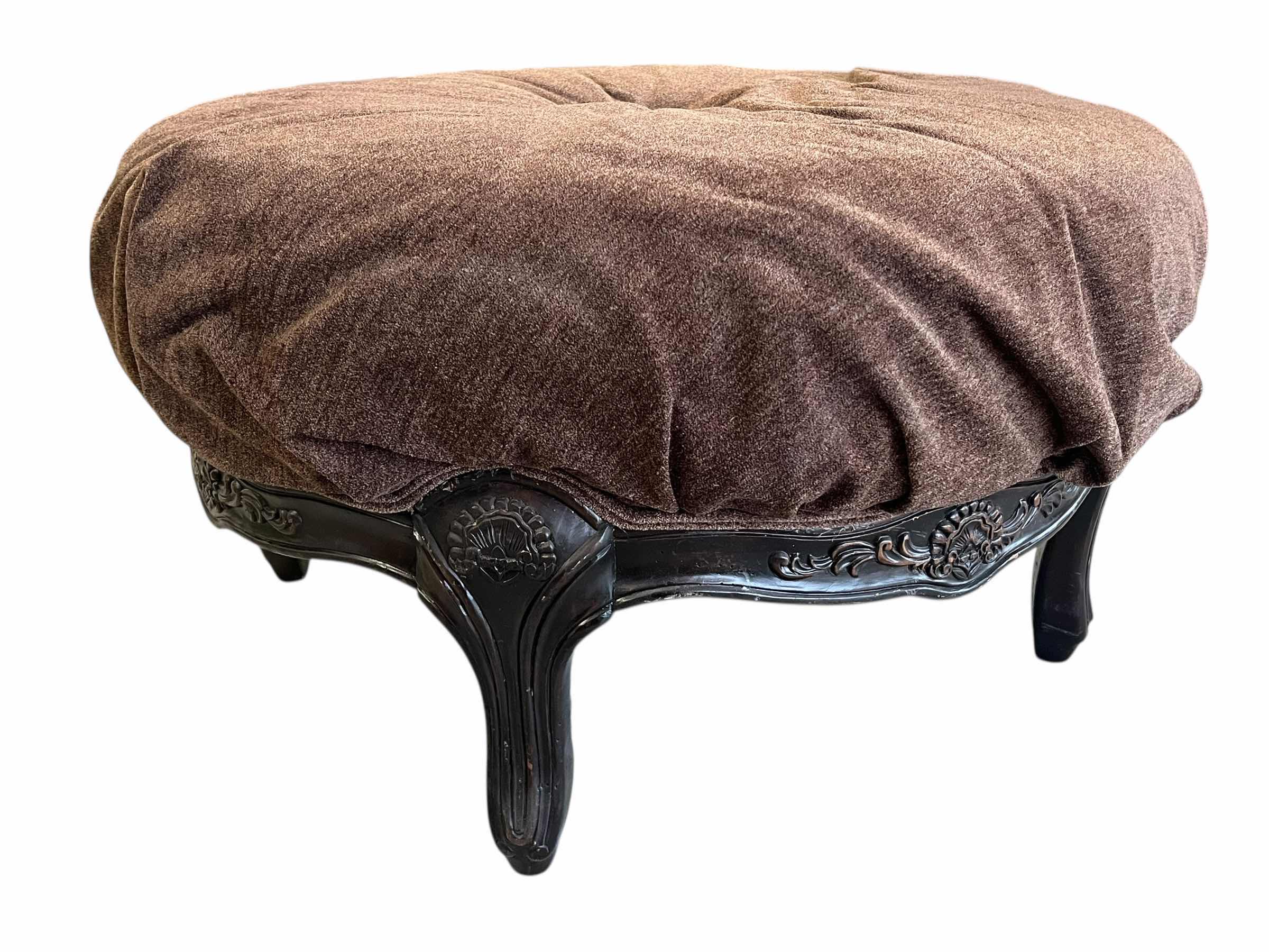 Photo 1 of VINTAGE OVERSIZE BROWN RUFFLED UPHOLSTERED WOOD OTTOMAN 31” X 17