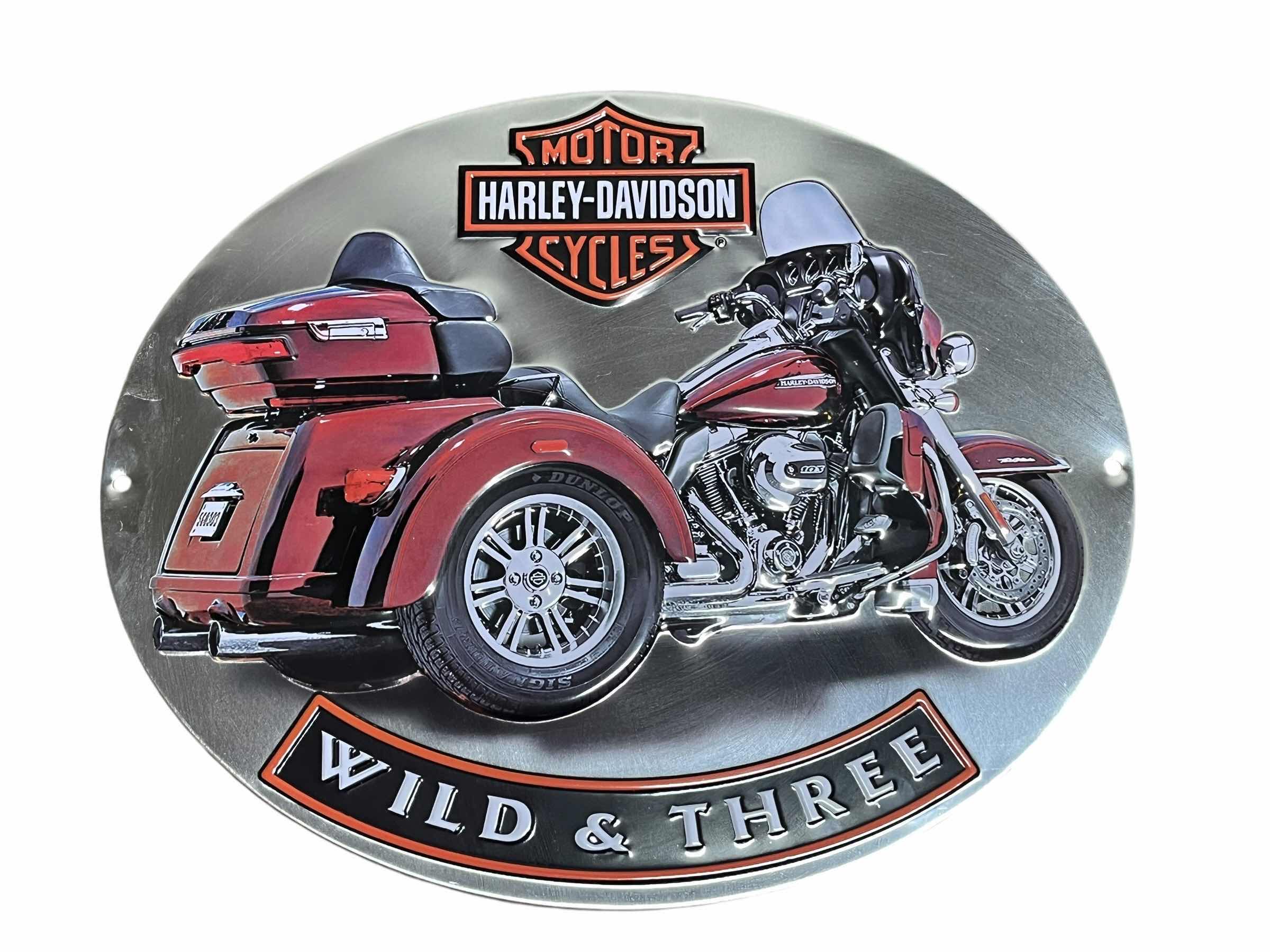 Photo 1 of HARLEY DAVIDSON MOTORCYCLES WILD & THREE TIN SIGN 15.5” X 13”