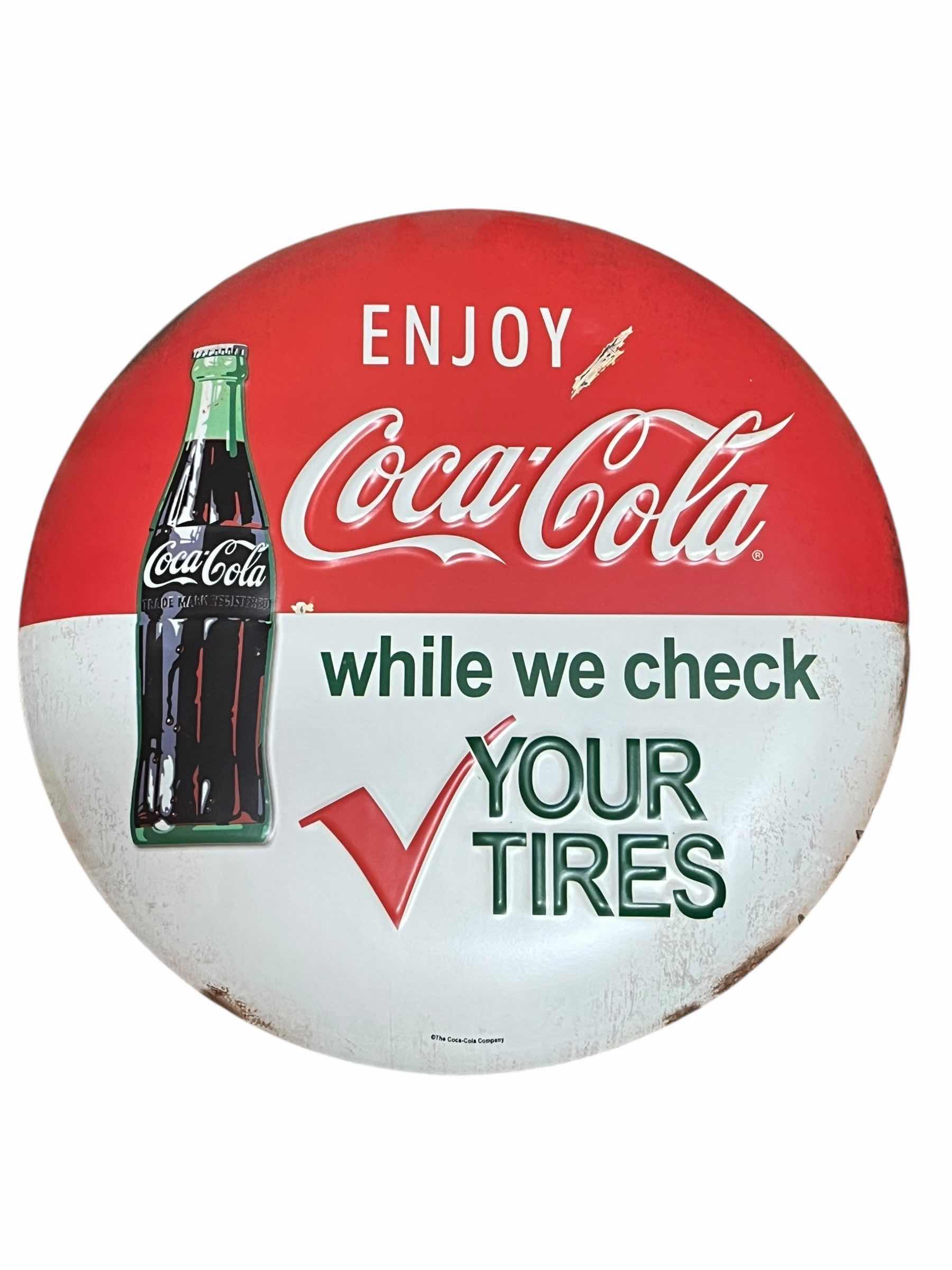 Photo 1 of COCA-COLA WHILE WE CHECK YOUR TIRES TIN SIGN 12”