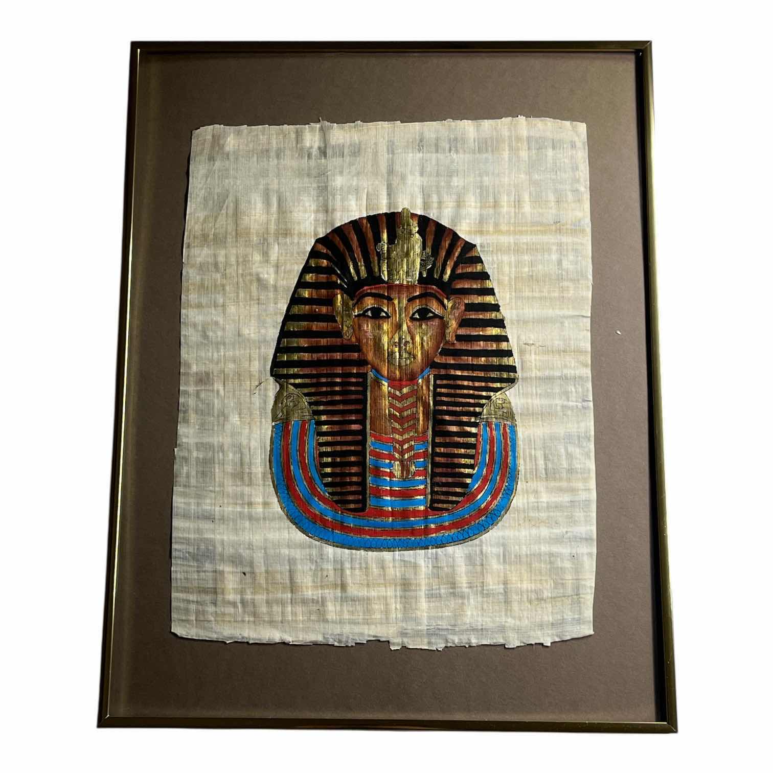 Photo 1 of FUNERARY MASK OF TUTANKHAMUN EGYPTIAN PAPYRUS FRAMED ARTWORK 17” X 22”