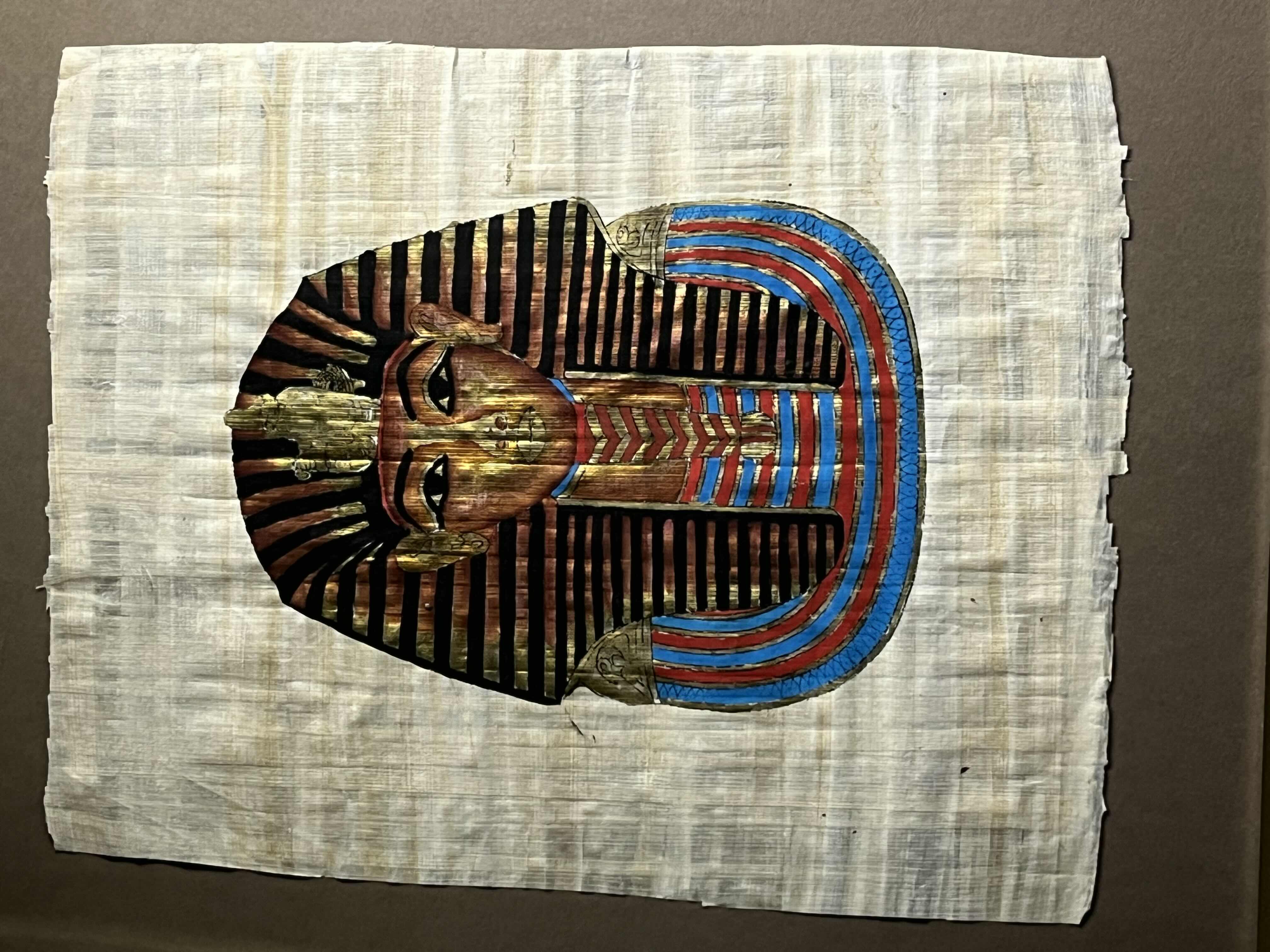 Photo 1 of FUNERARY MASK OF TUTANKHAMUN EGYPTIAN PAPYRUS FRAMED ARTWORK 17” X 22”