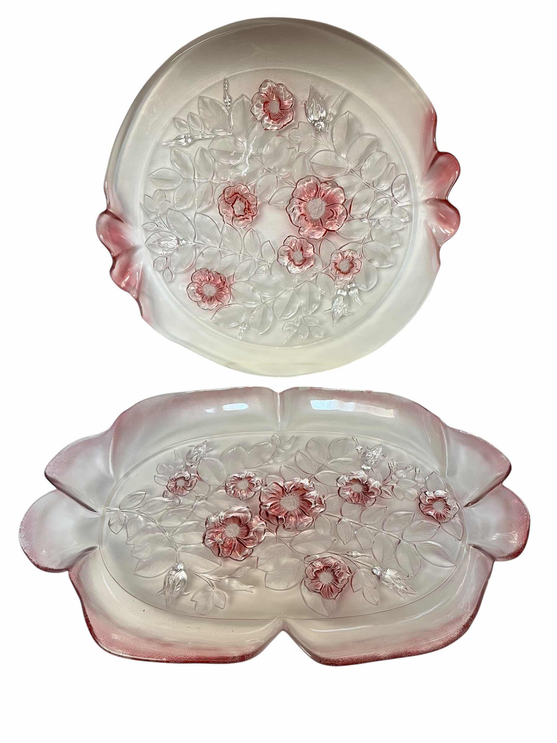 Photo 1 of MIKASA ROSELLE FLORAL DESIGN CLEAR & PINK CRYSTAL SERVING PLATTERS (2) 14” ,16”