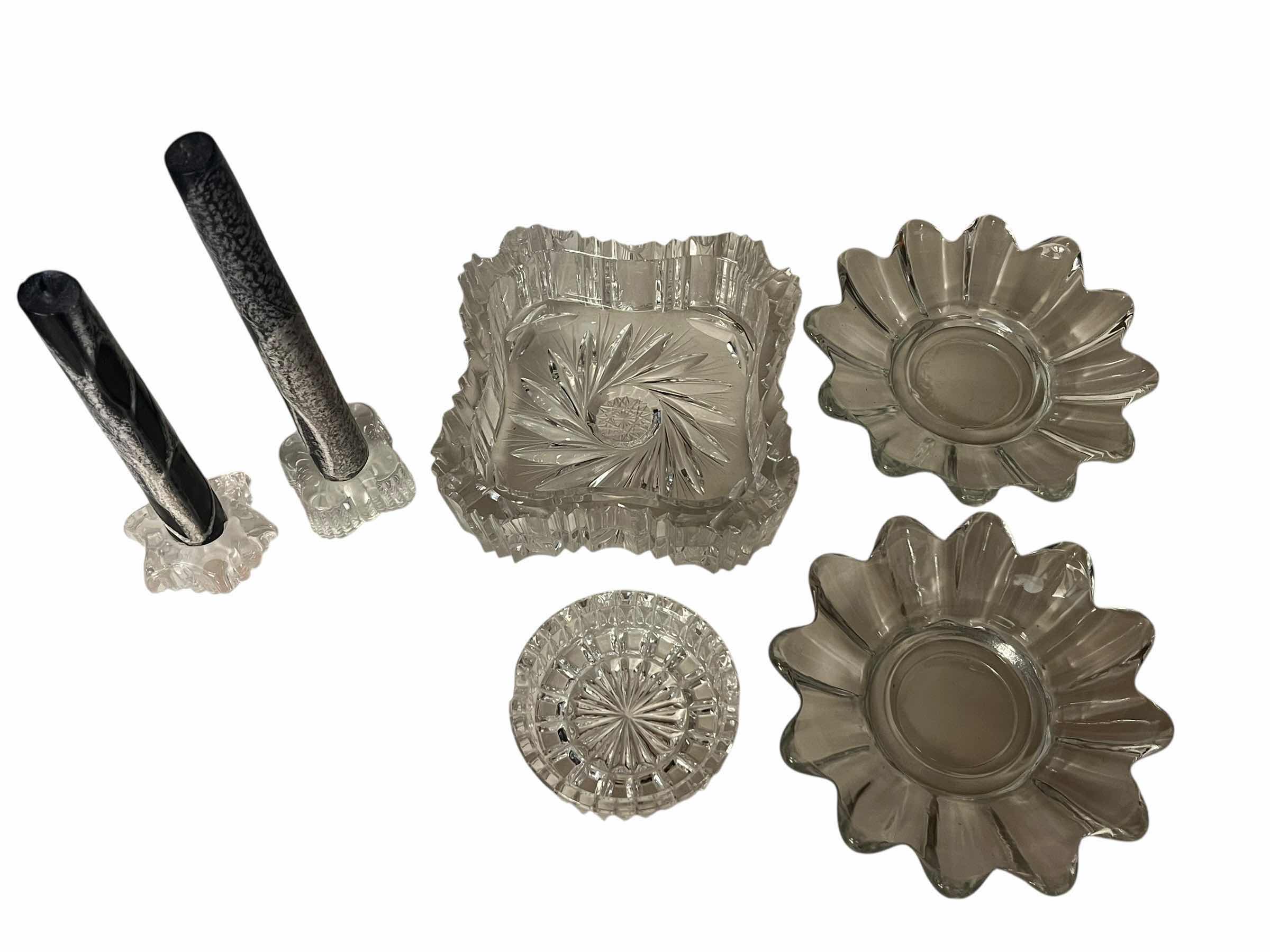 Photo 1 of CRYSTAL & GLASS ASHTRAYS (4) & CANDLE HOLDERS (2)
