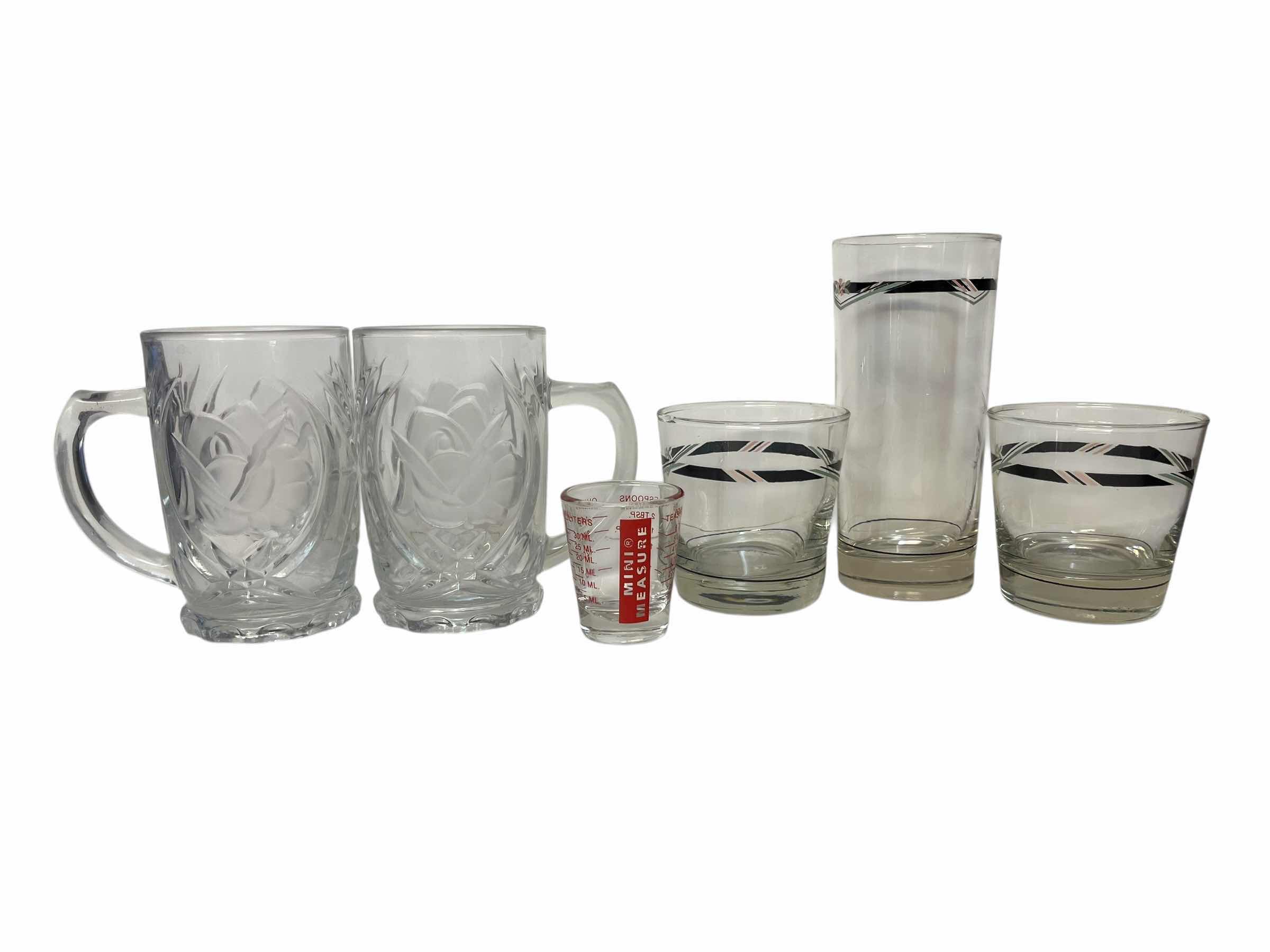 Photo 1 of DECORATIVE DRINKING GLASSES (3), ROSE FROSTED MUGS (2) & MEASURED SHOT GLASS