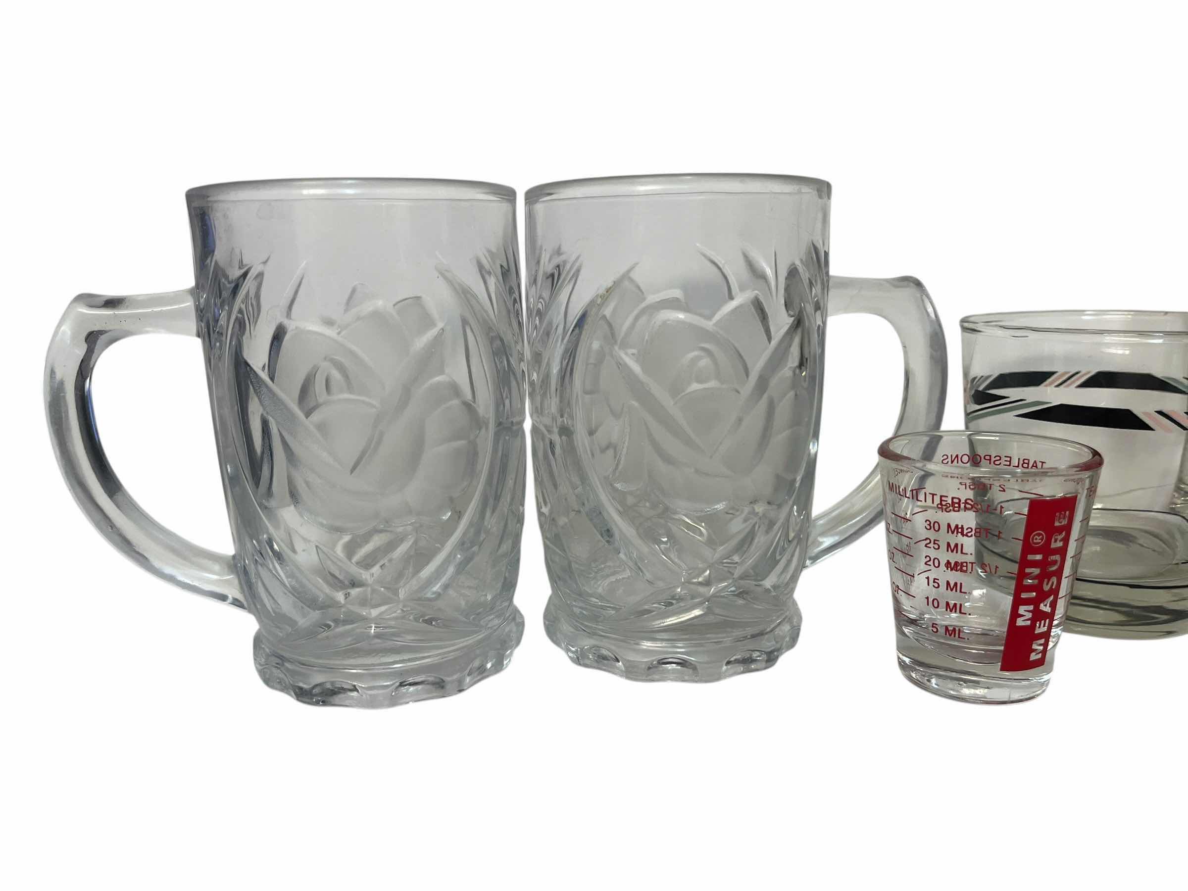 Photo 1 of DECORATIVE DRINKING GLASSES (3), ROSE FROSTED MUGS (2) & MEASURED SHOT GLASS