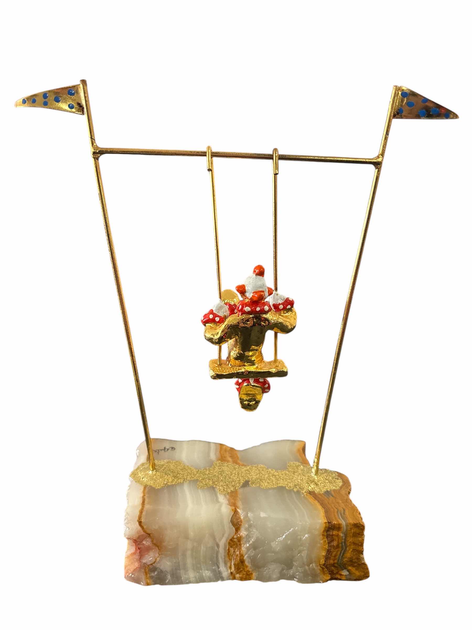 Photo 1 of VINTAGE SIGNED JUDI ORIGINALS 24K GOLD PLATED RED CLOWN ON SWING 8.25” SCULPTURE ON ONYX BASE