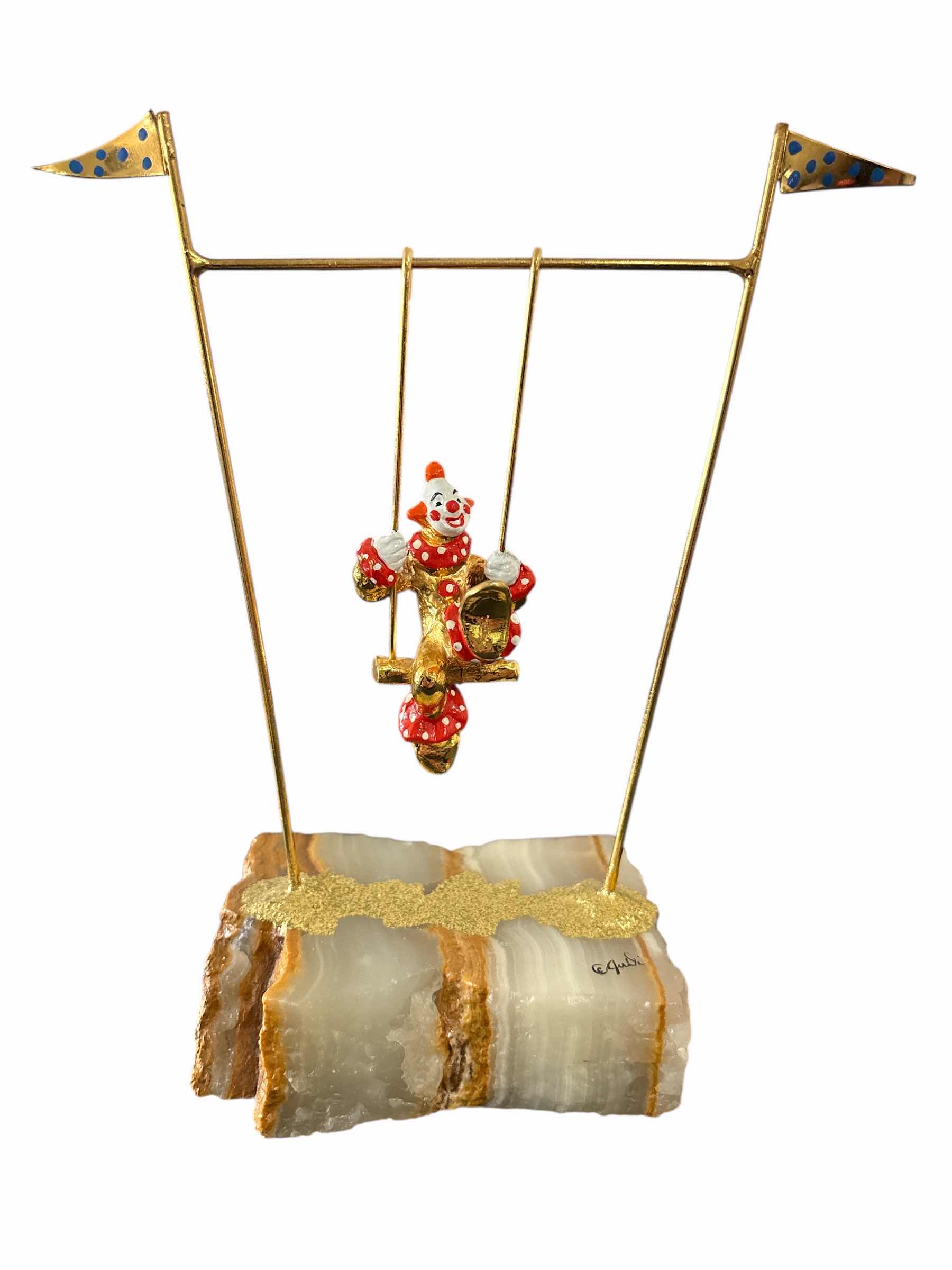 Photo 1 of VINTAGE SIGNED JUDI ORIGINALS 24K GOLD PLATED RED CLOWN ON SWING 8.25” SCULPTURE ON ONYX BASE