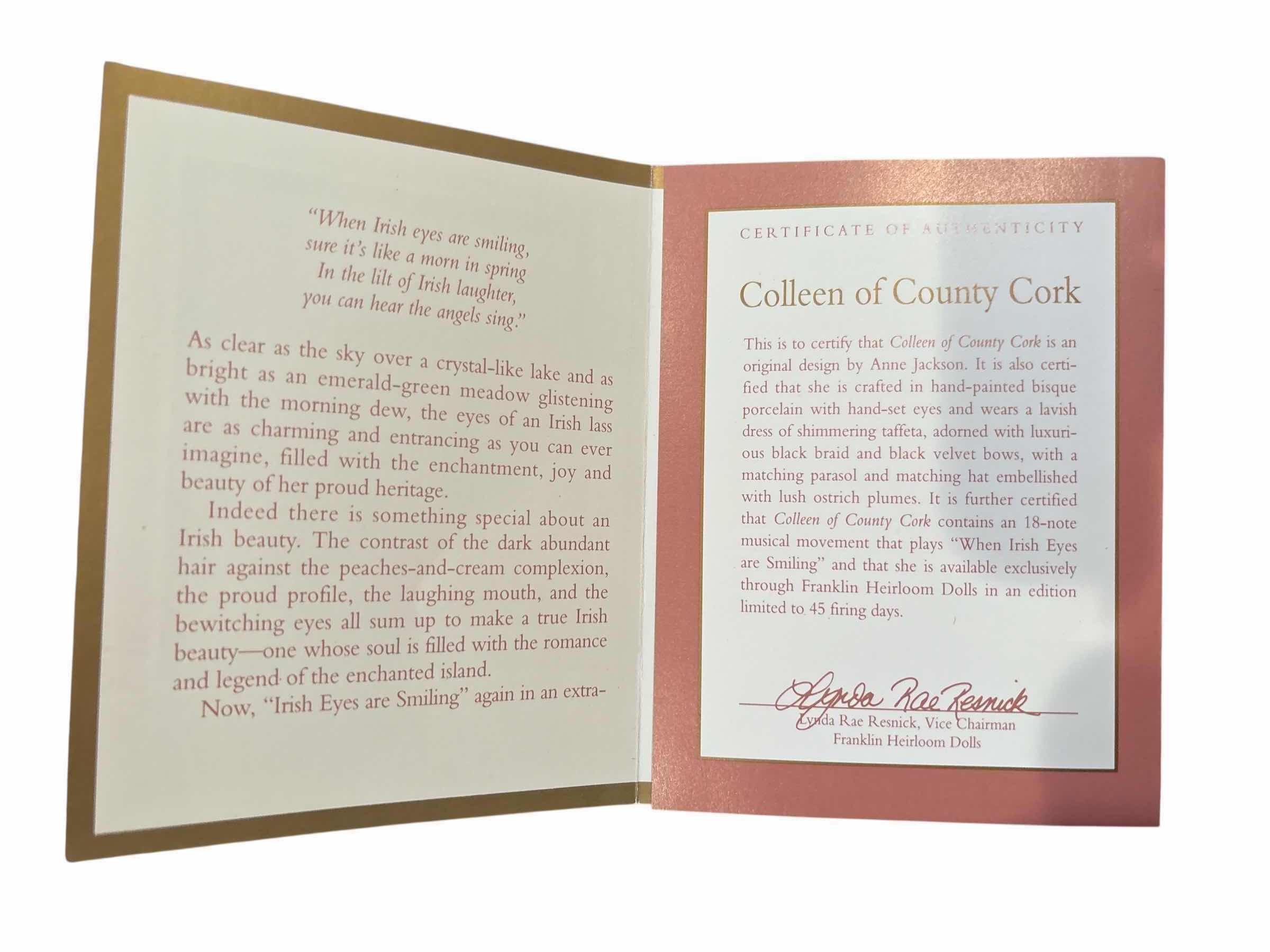 Photo 1 of FRANKLIN HEIRLOOM COLLEEN OF CORY PORCELAIN DOLL WCOA H22”