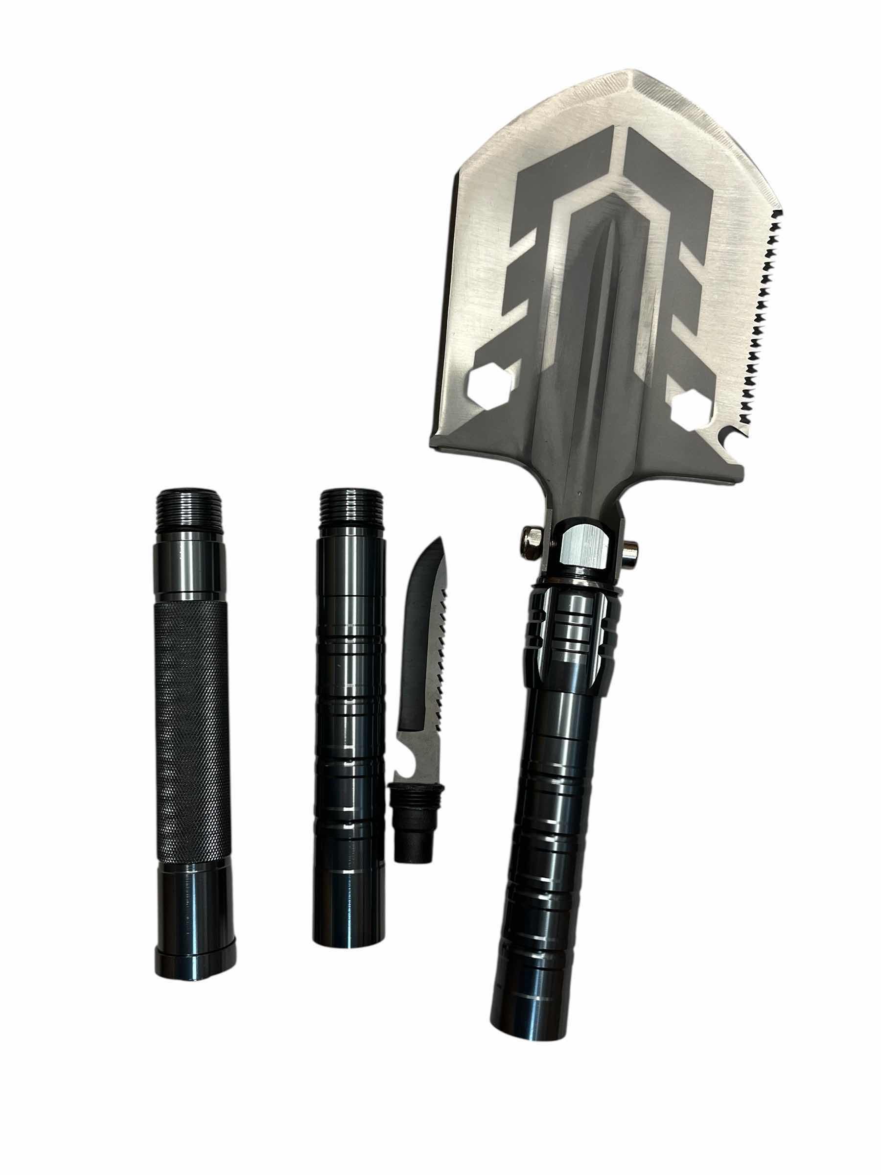 Photo 1 of TACTICAL EXTENDING STAINLESS STEEL SURVIVAL FOLDING SHOVEL W COMPASS, SAW & CAMO SHEATHS
