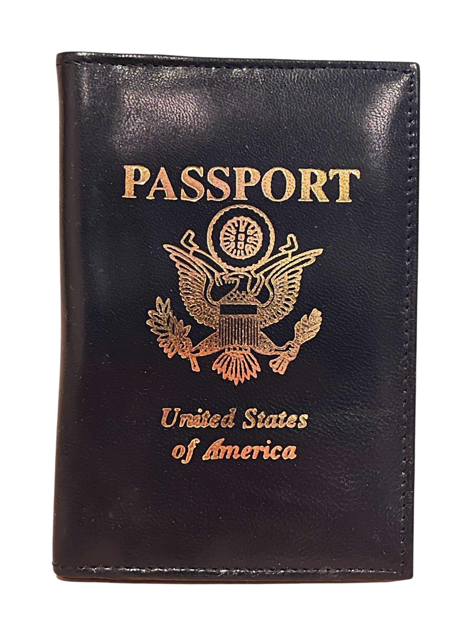 Photo 1 of OFFICIAL UNITED STATES OF AMERICA BLACK LEATHER PASSPORT WALLET (GOLD PRINT)