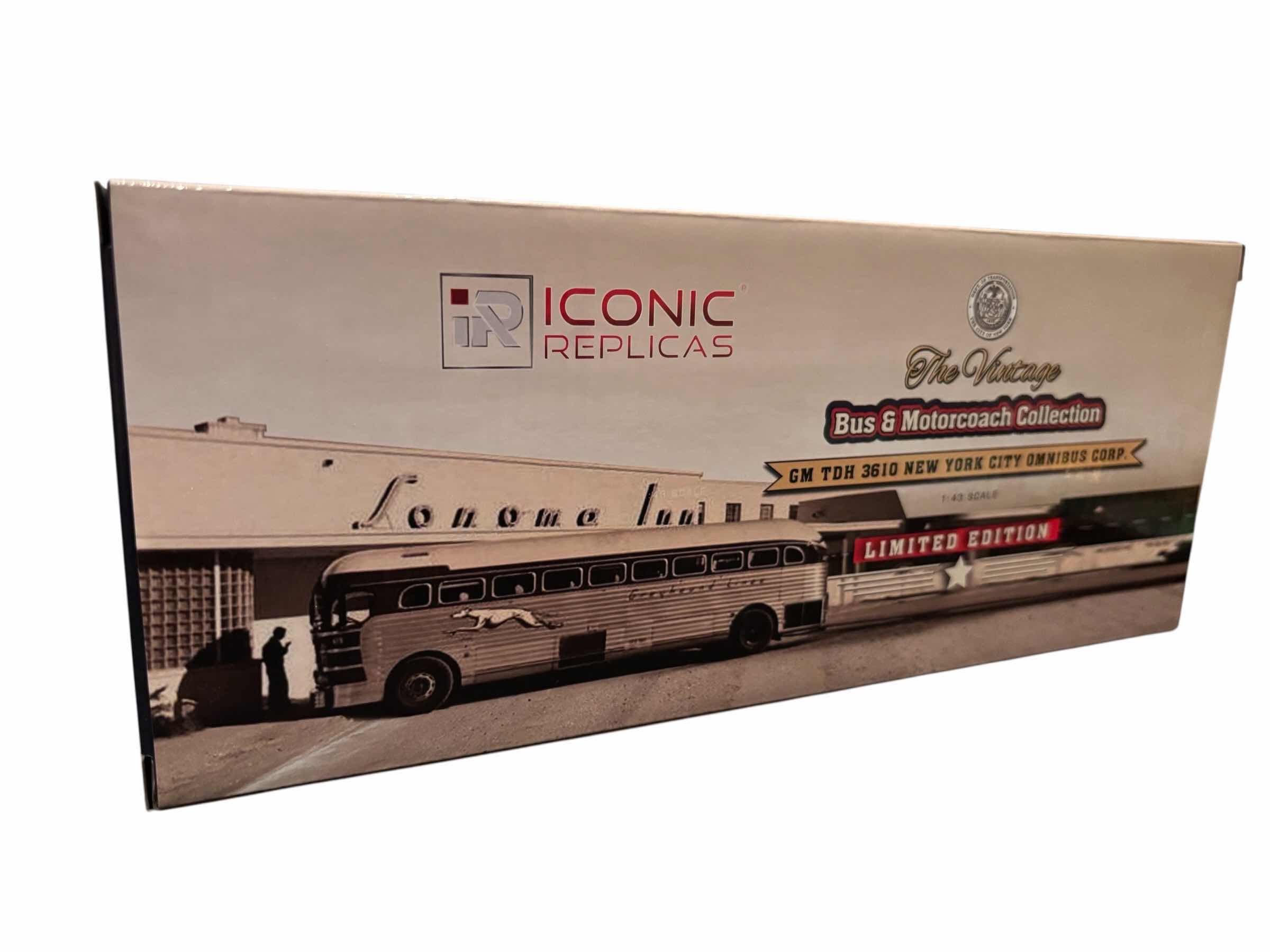 Photo 1 of ICONIC REPLICAS THE VINTAGE BUS & MOTORCOACH COLLECTION DIE CAST GM TDH 3610 NEW YORK CITY OMNIBUS CORP LIMITED EDITION 1:43 SCALE MODEL (43-0351)
