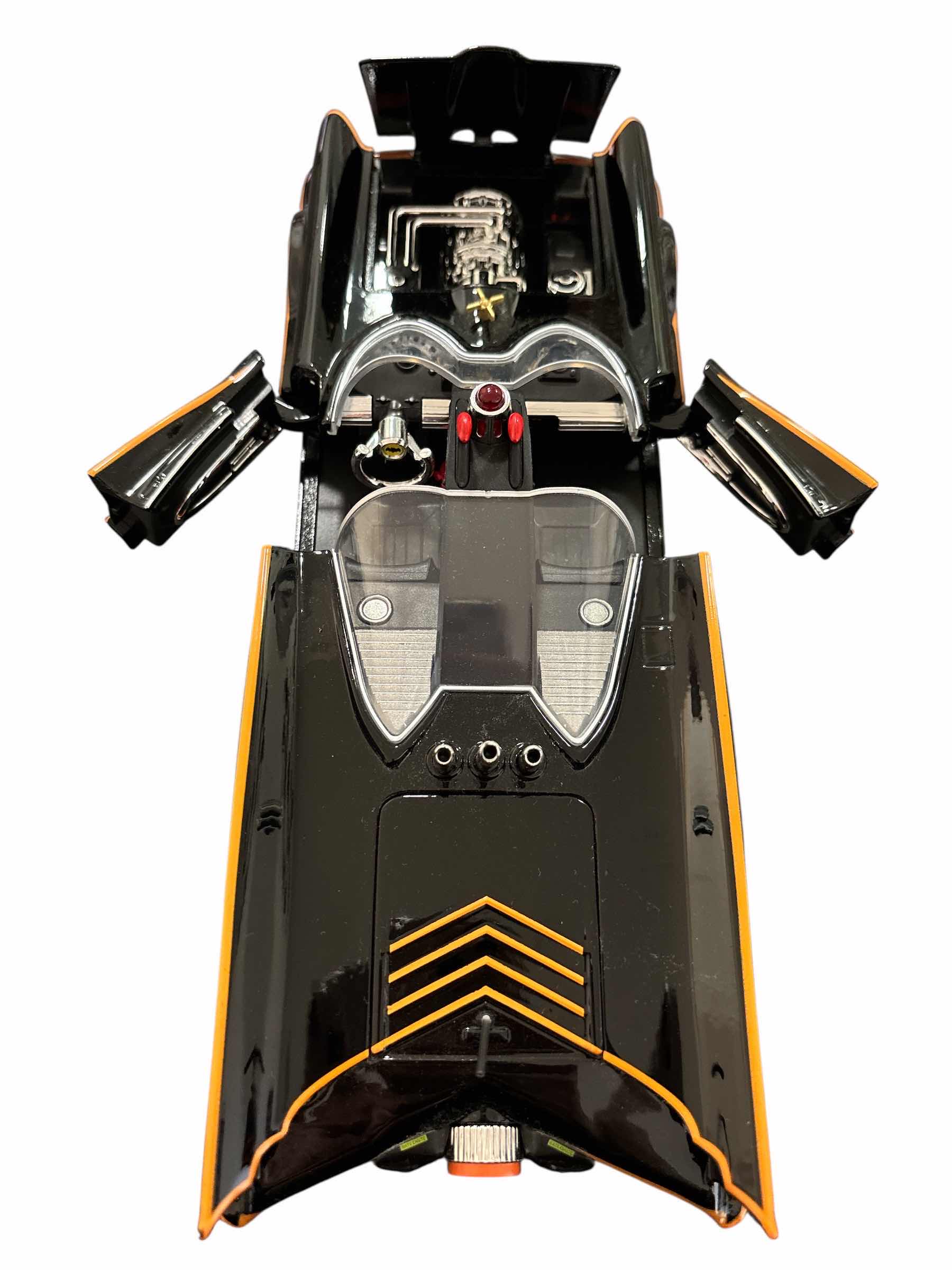 Photo 1 of JADA TOYS CLASSIC TV SERIES BATMOBILE W WORKING LIGHTS & 3” DIE-CAST BATMAN & ROBIN FIGURINES 1:18 SCALE