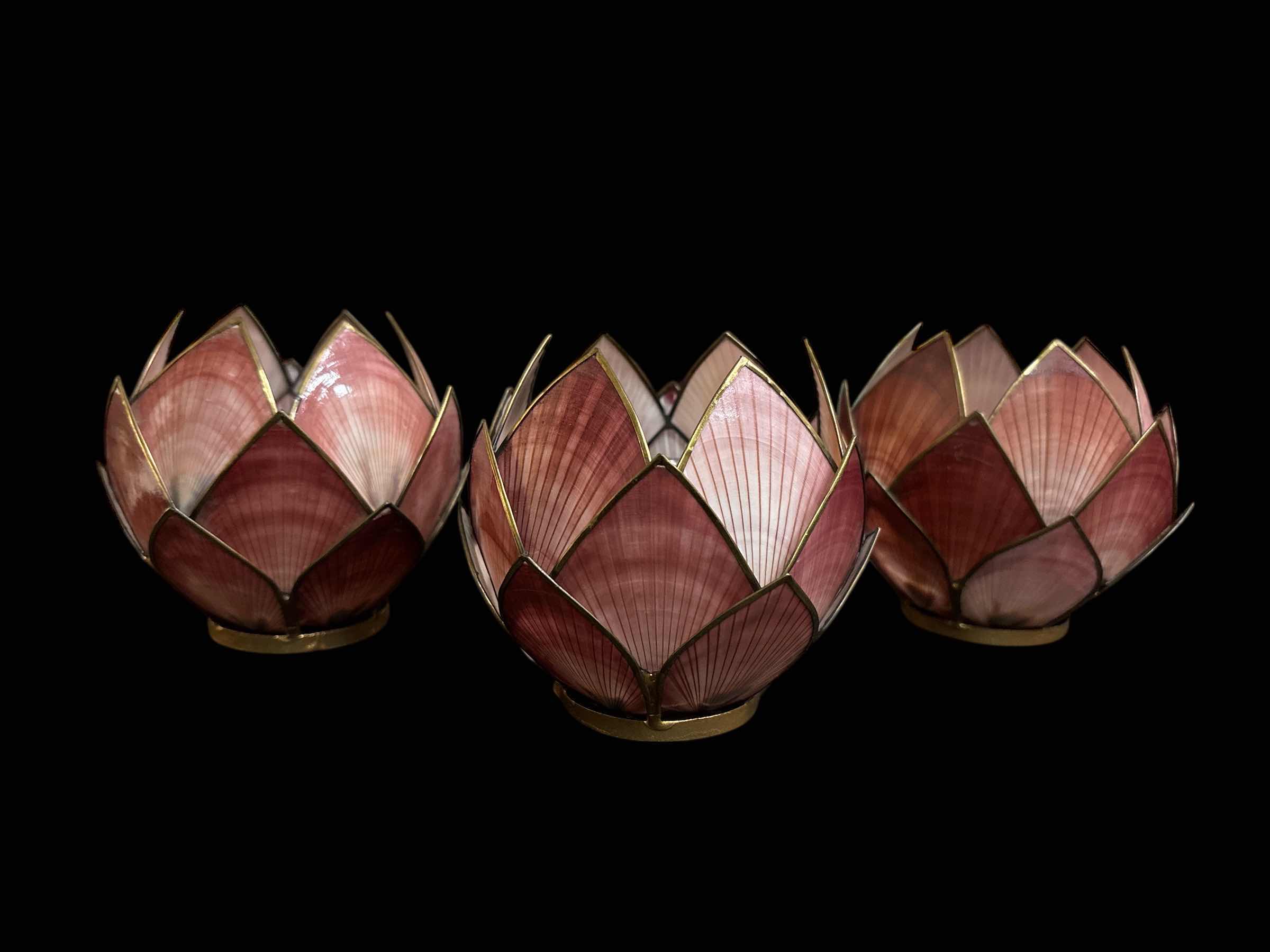Photo 1 of CAPIZ SHELL LOTUS DESIGN VOTIVE CANDLE HOLDERS FROM THE PHILIPPINES (SET OF 3)