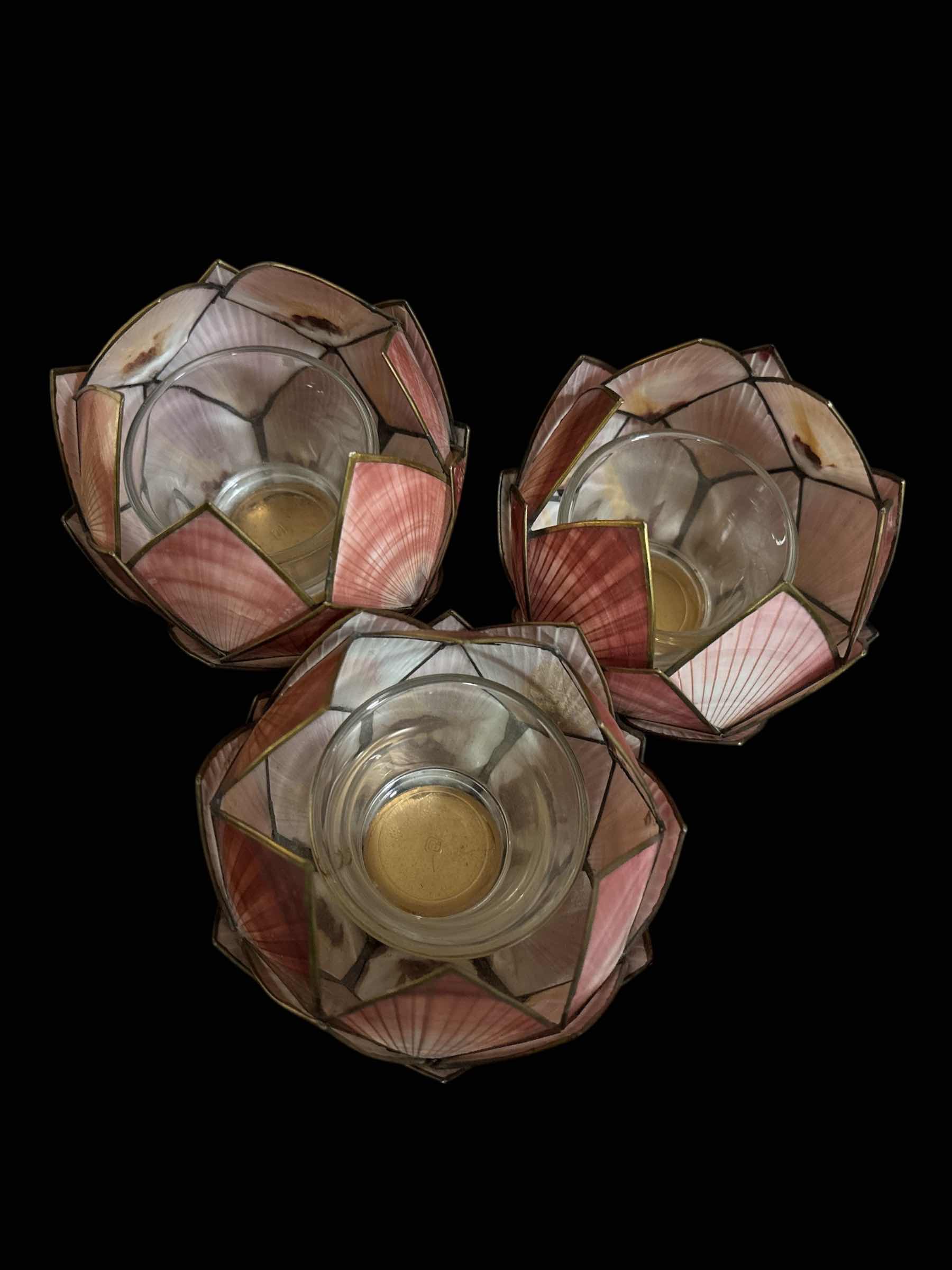 Photo 1 of CAPIZ SHELL LOTUS DESIGN VOTIVE CANDLE HOLDERS FROM THE PHILIPPINES (SET OF 3)