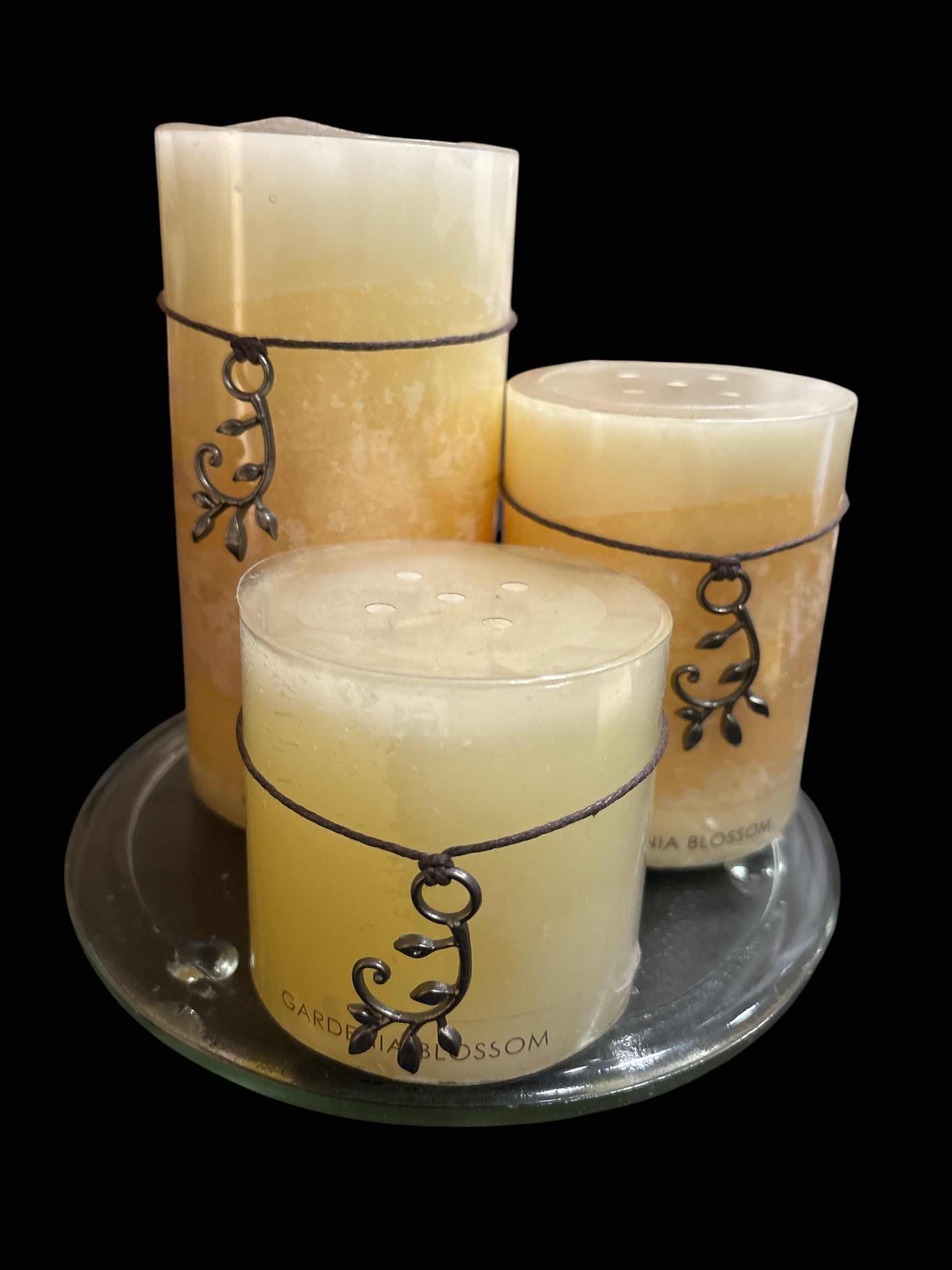 Photo 1 of ESSENTIAL HOME ESSENCE GARDENIA BLOSSOM CANDLE SET OF 3 W 7.25” GLASS FOOTED PLATE
