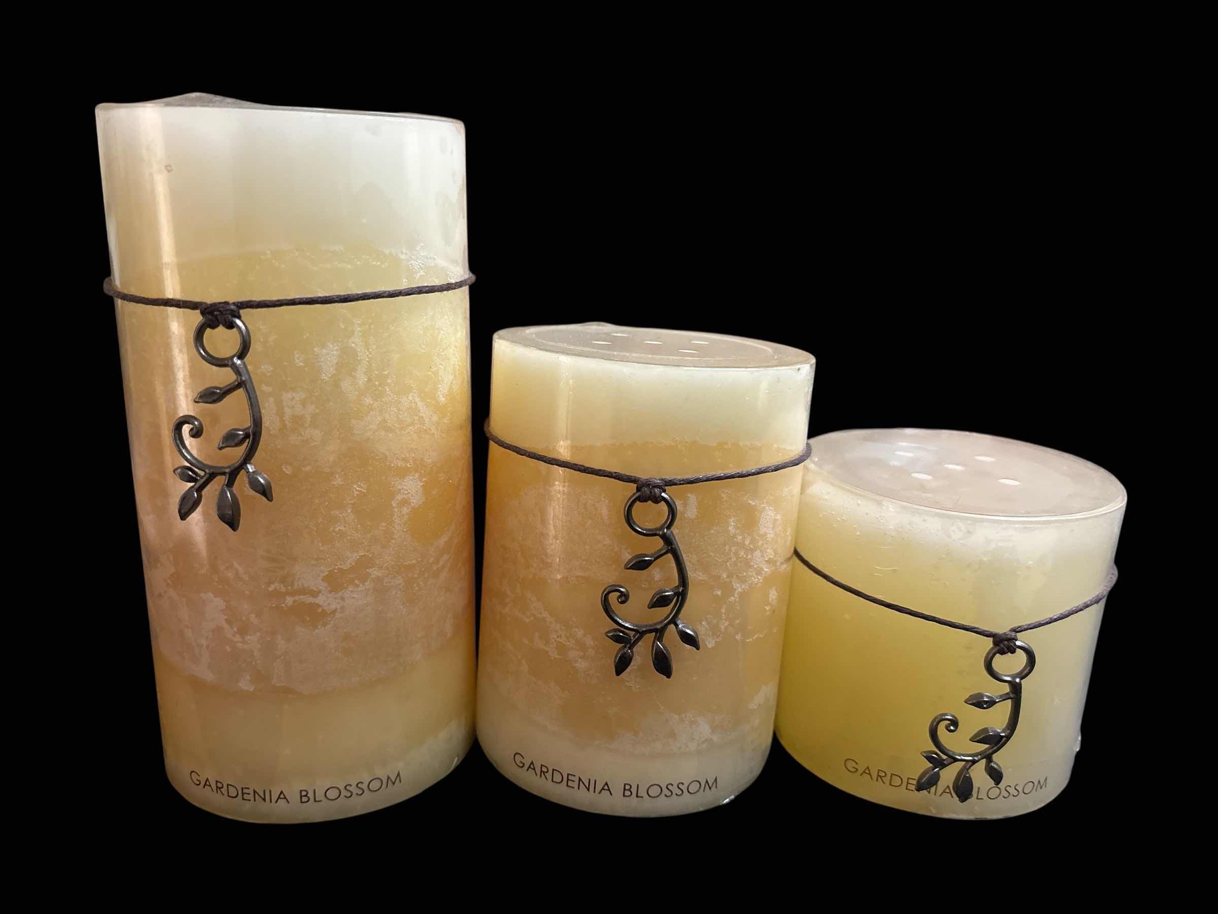 Photo 1 of ESSENTIAL HOME ESSENCE GARDENIA BLOSSOM CANDLE SET OF 3 W 7.25” GLASS FOOTED PLATE