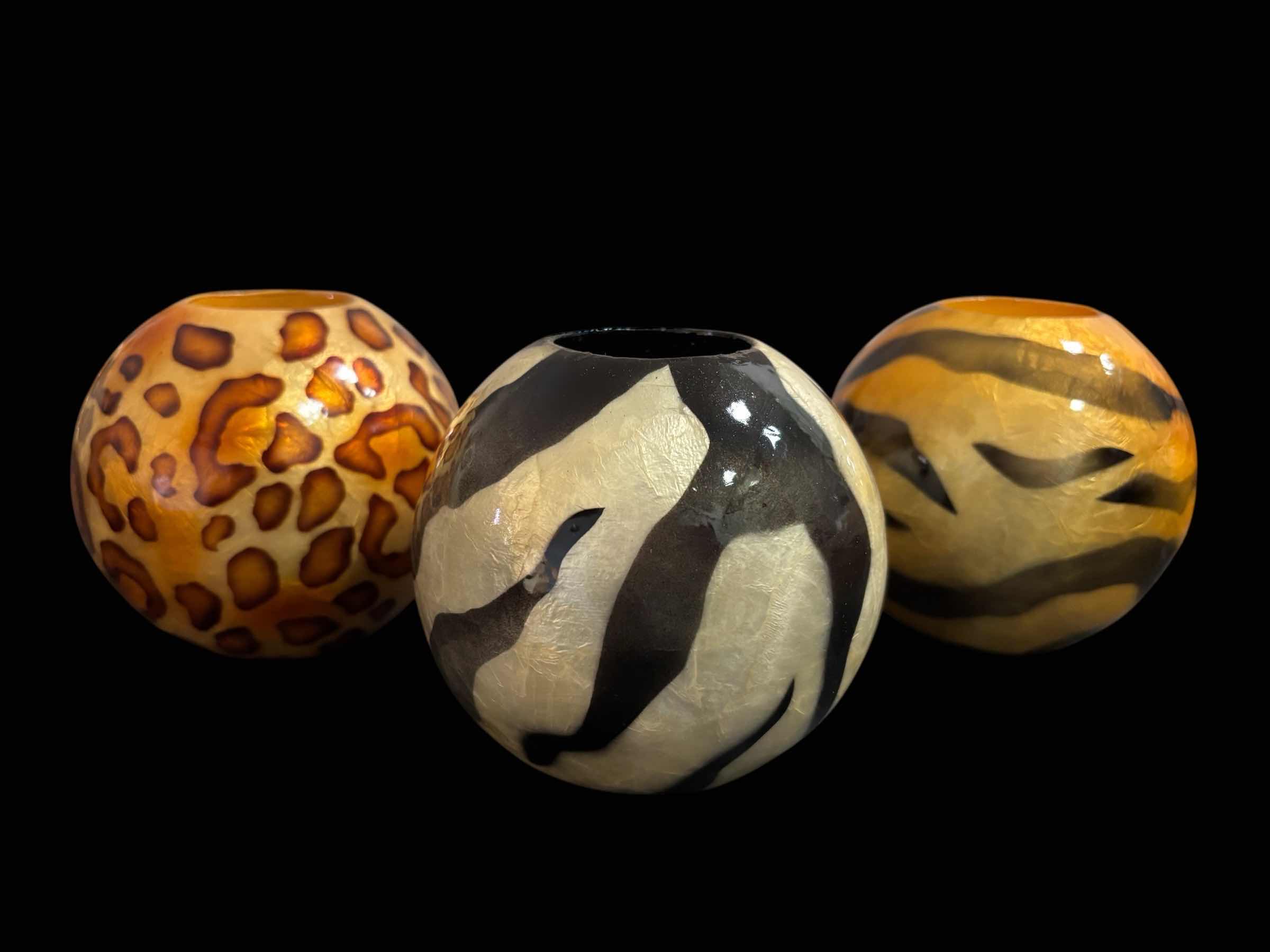 Photo 1 of ANIMAL PRINT 4” ORB TEA LIGHT HOLDERS, SET OF 3
