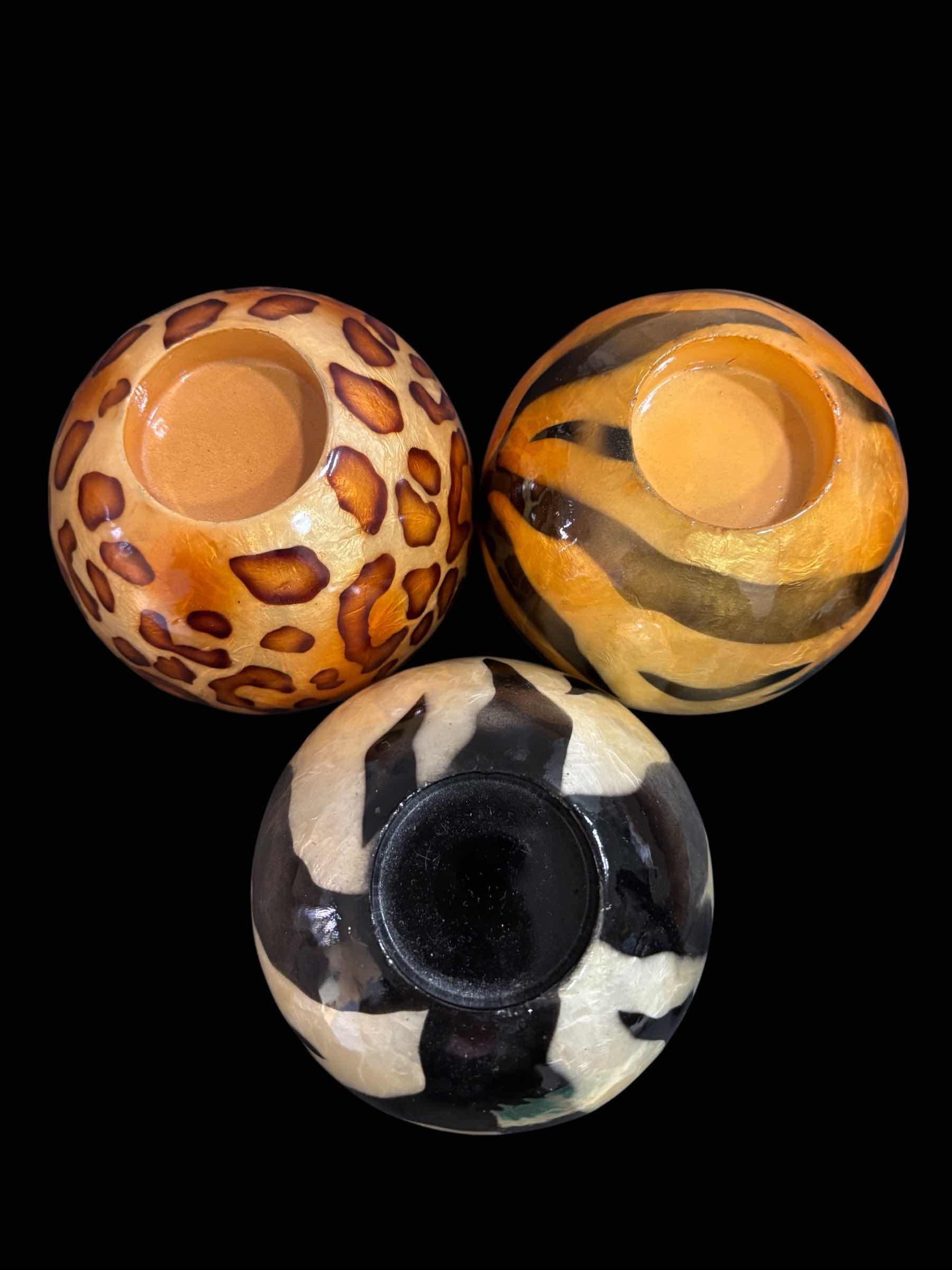 Photo 1 of ANIMAL PRINT 4” ORB TEA LIGHT HOLDERS, SET OF 3