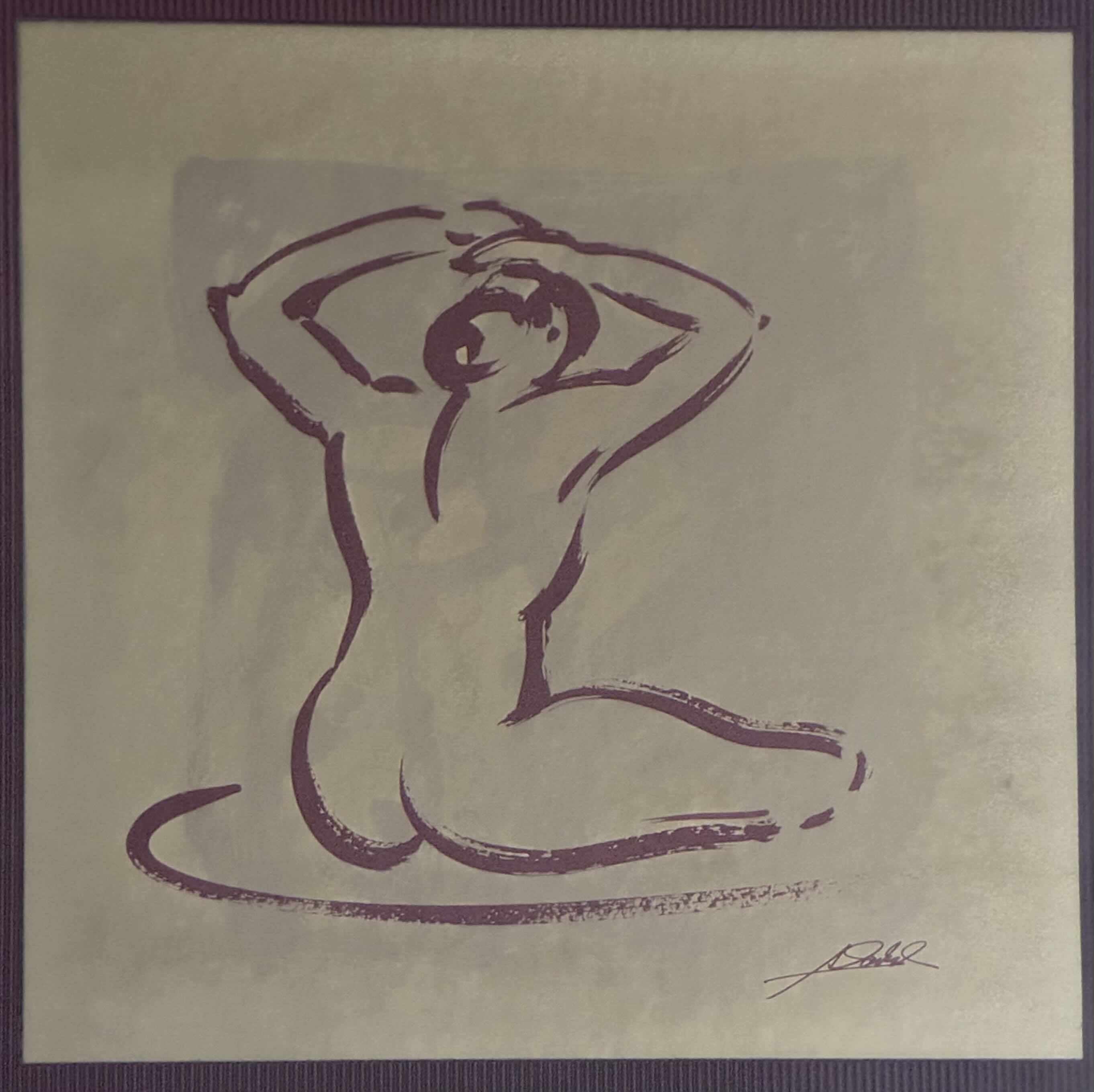 View 2 of BODY LANGUAGE NUDE FEMALE SITTING FRAMED ARTWORK BY ALFRED GOKEL 19” X 19”