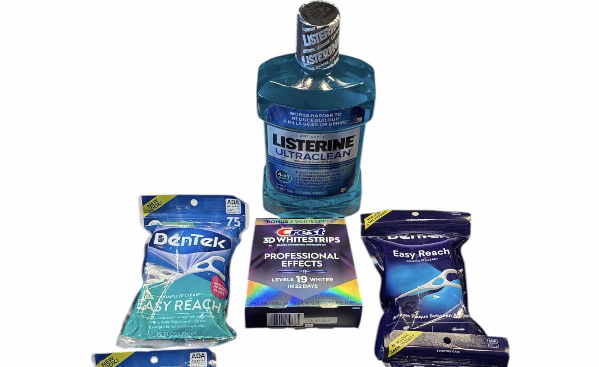 Photo 1 of DENTAL HYGIENE KIT- LISTERINE, TOOTHPASTE (2), FLOSS PICKS (2) & WHITENING STRIPS