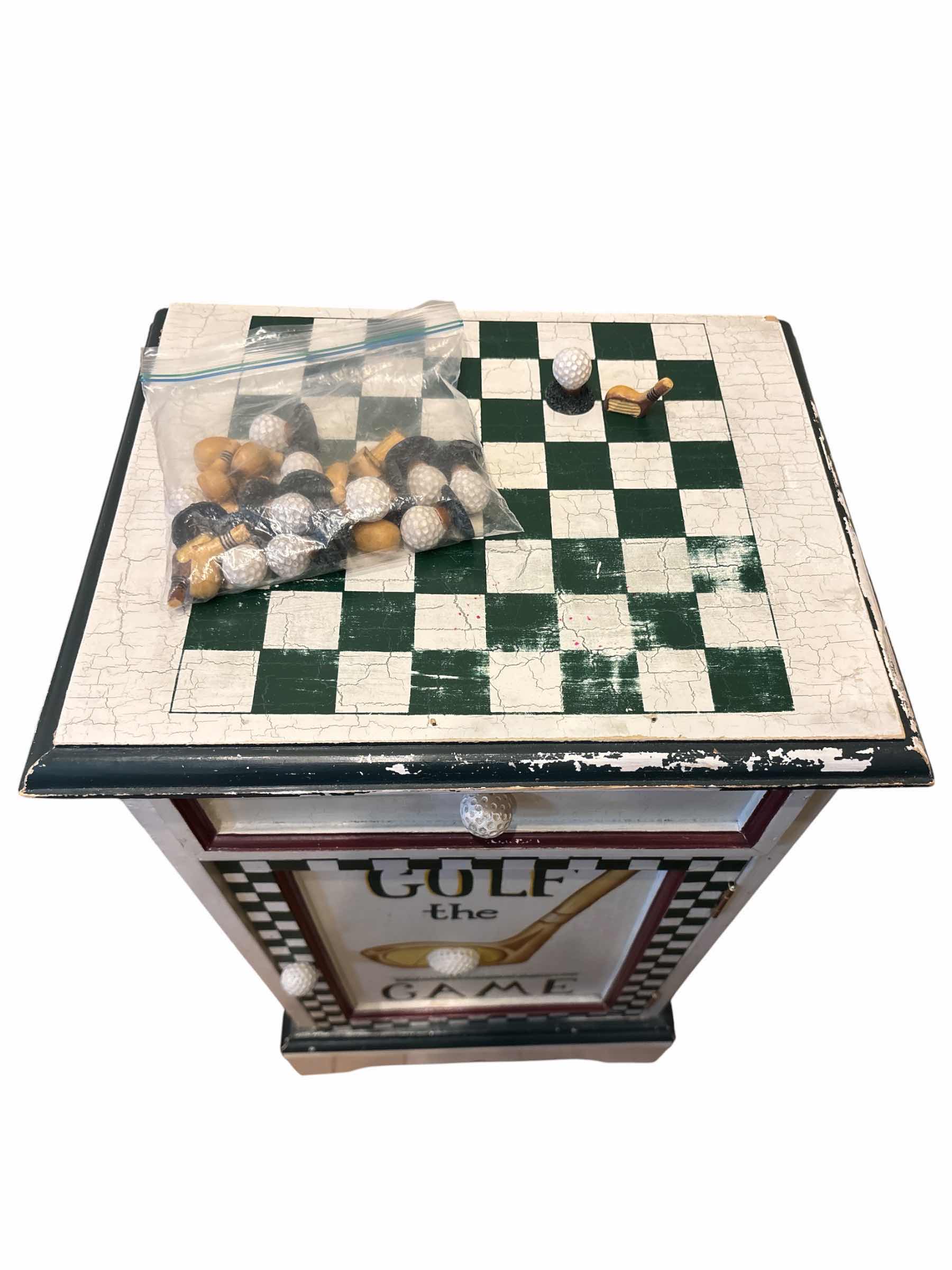 Photo 1 of GOLF CHESS CUPBOARD W DRAWER & CHESS PIECES 11.75” X 15” H28”