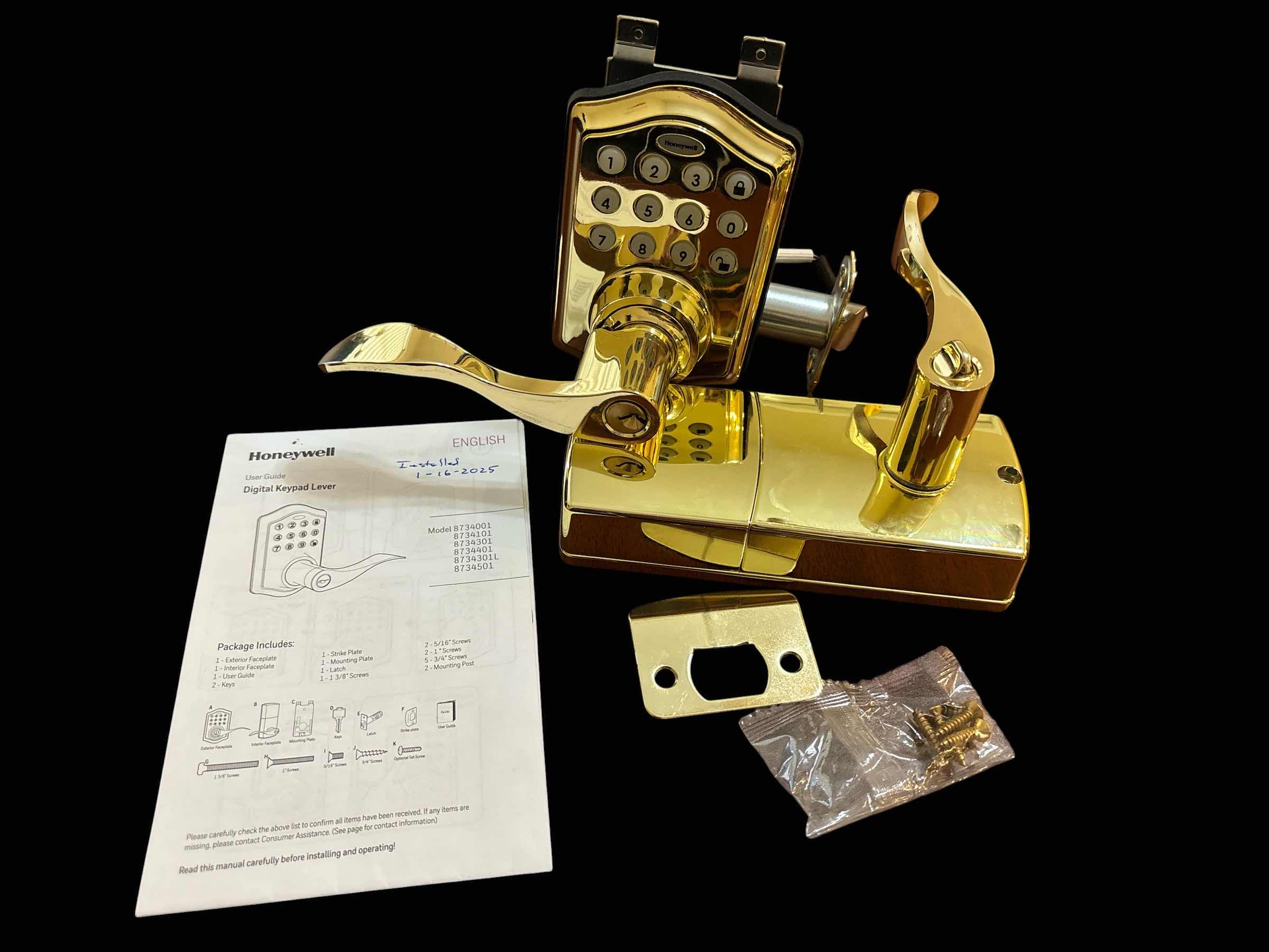 Photo 1 of HONEYWELL POLISHED BRASS KEYPAD ELECTRONIC HANDLE LOCK $85