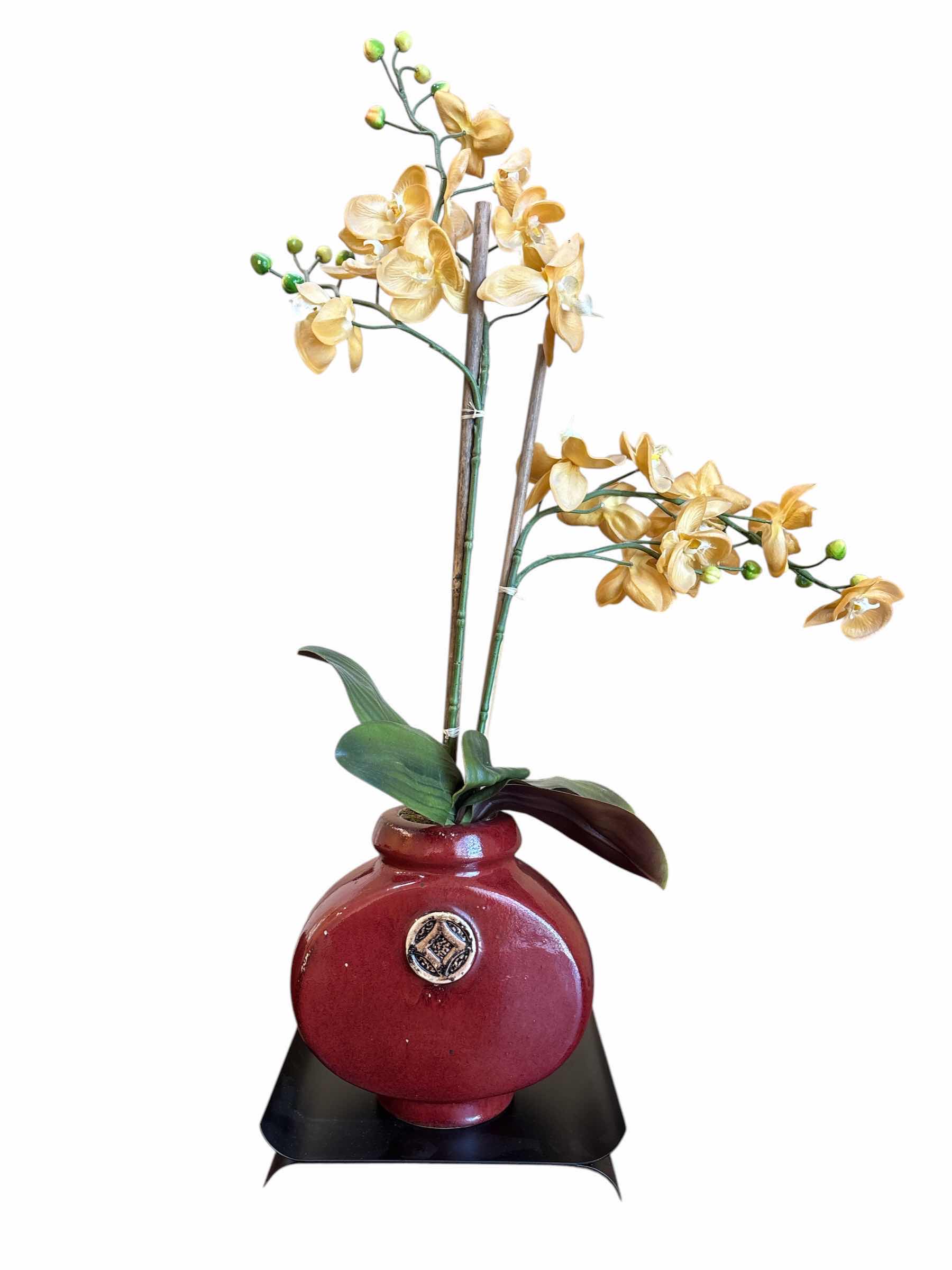 Photo 1 of FAUX 35.25” ORCHID PLANT W VASE & BLACK METAL STAND