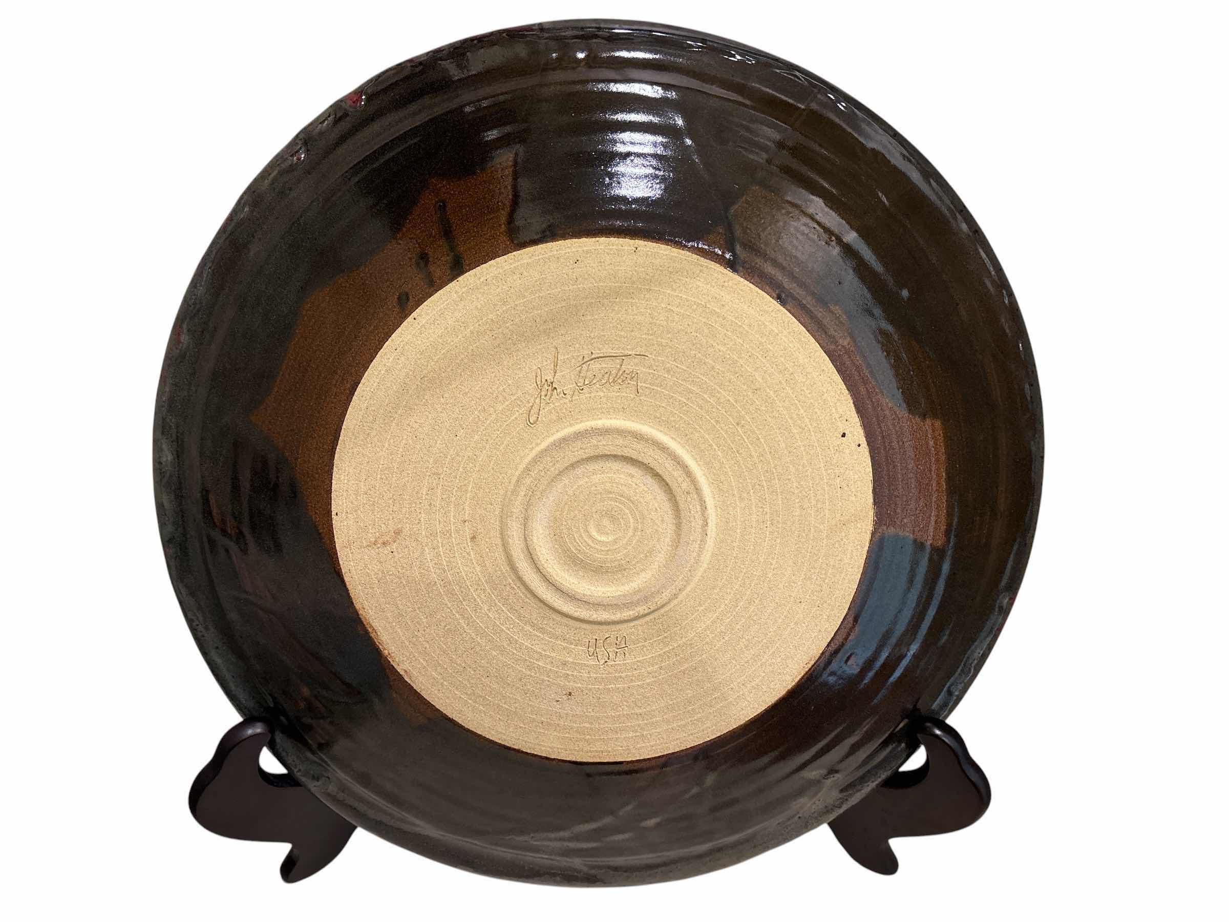 Photo 1 of HANDMADE 20” GLAZED POTTERY PLATTER SIGNED BY JOHN HEATON USA (BLACK/GRAY/RED) $200