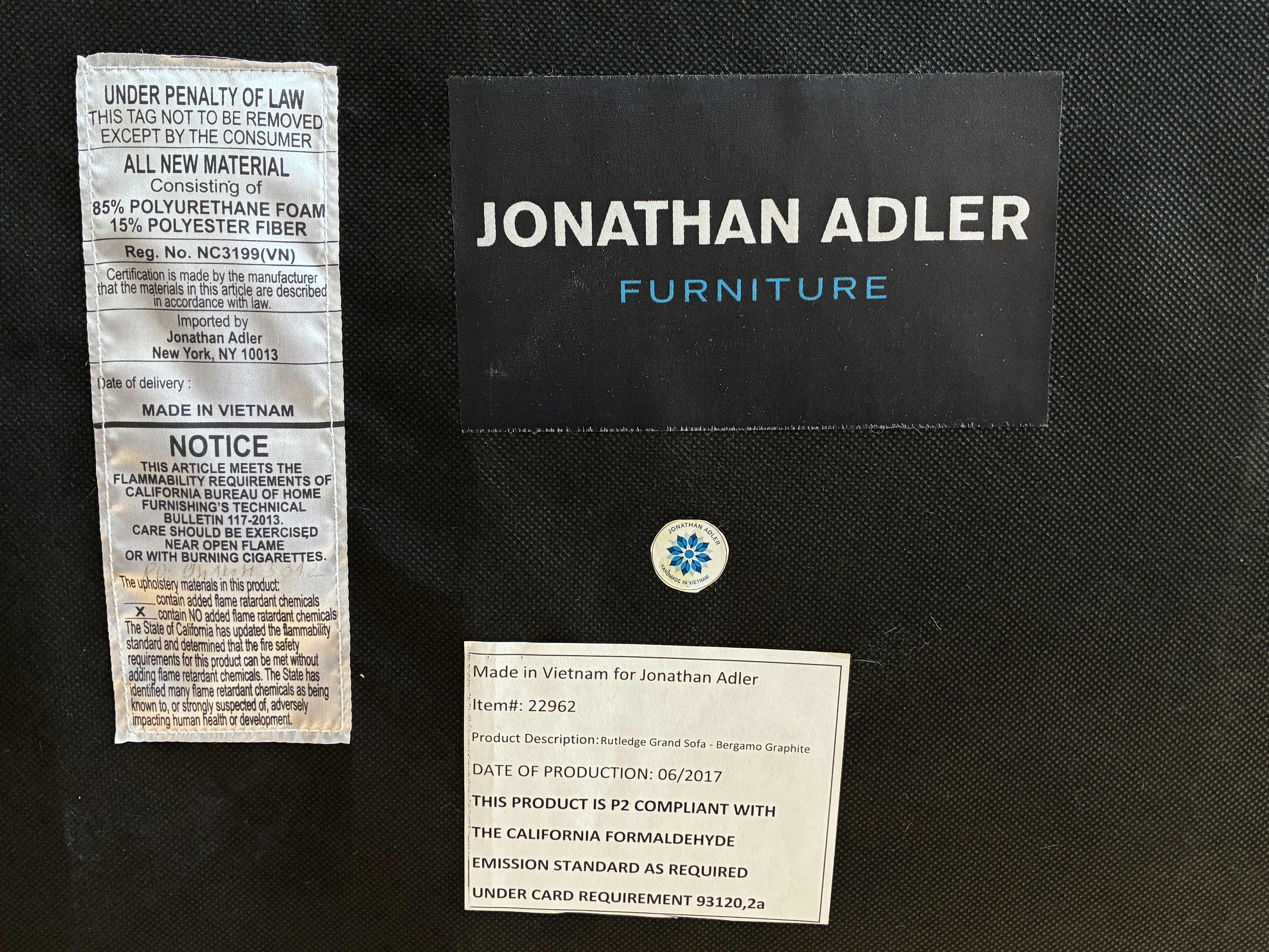 Photo 1 of JONATHAN ADLER FURNITURE BERGAMO GRAPHITE RUTLEDGE GRAND SOFA $2995