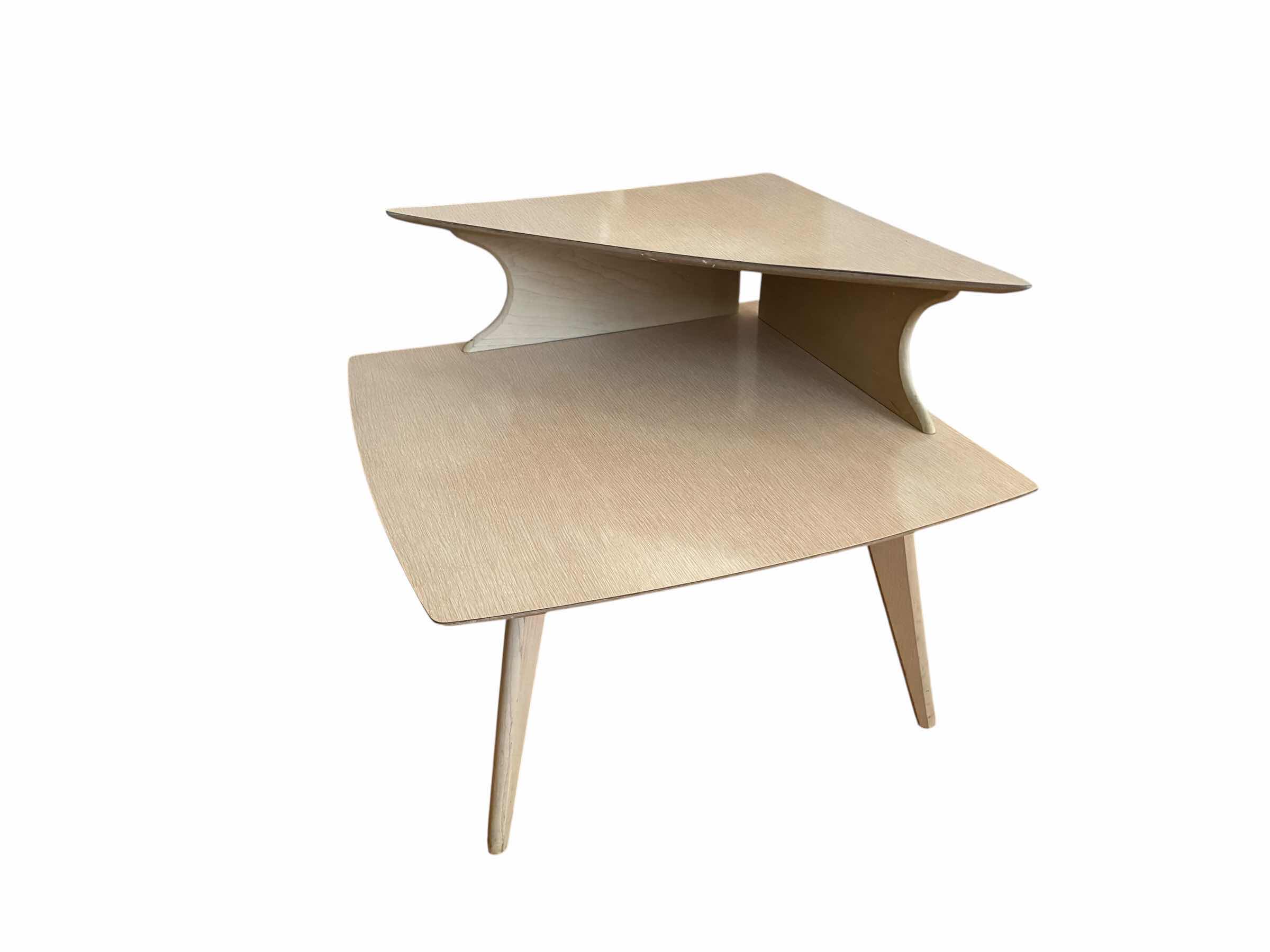 View 1 of ART DECO NATURAL WOOD LAMINATE 2-TIER CORNER TABLE 30” X 30” H25”