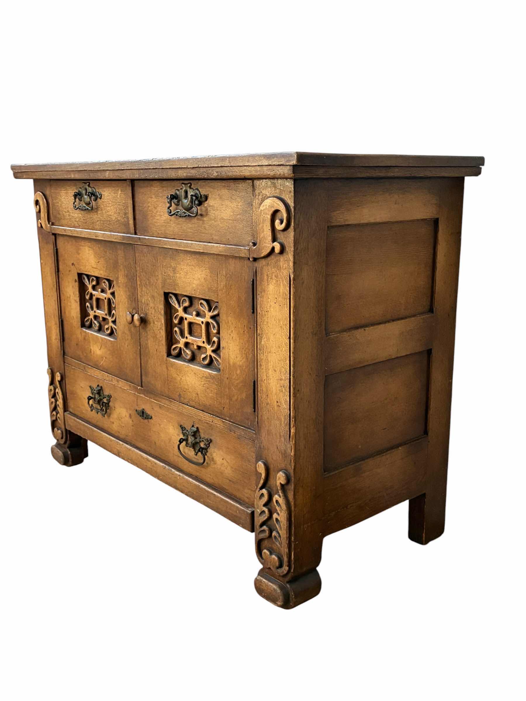 Photo 1 of ANTIQUE CARVED DISTRESSED WOOD CONSOLE TABLE 48” X 22” H36” $1395