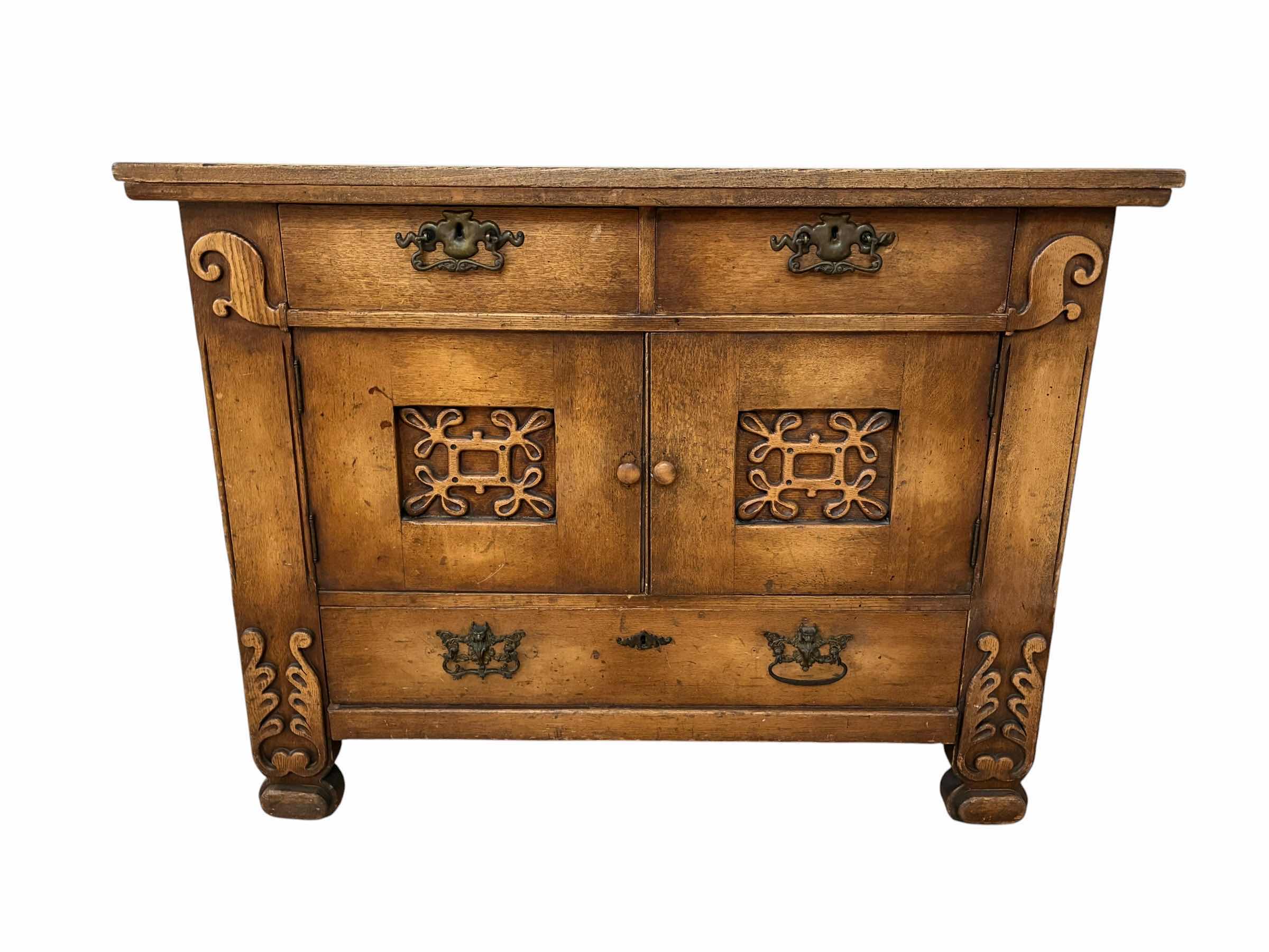 Photo 1 of ANTIQUE CARVED DISTRESSED WOOD CONSOLE TABLE 48” X 22” H36” $1395