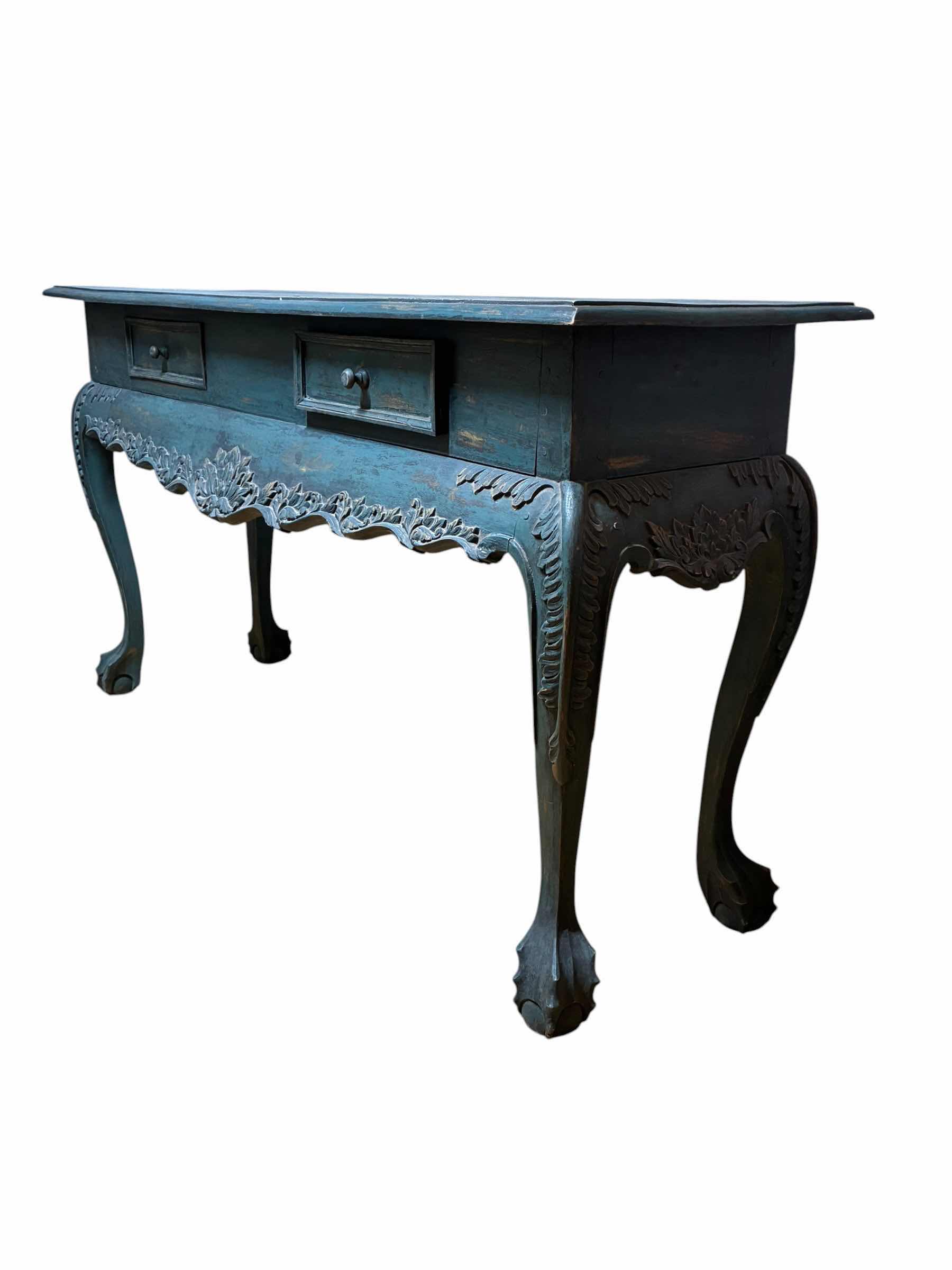 View 4 of ANTIQUE AGED TEAL FINISH SOLID WOOD CLAWFOOT TABLE 55” X 17” H30”