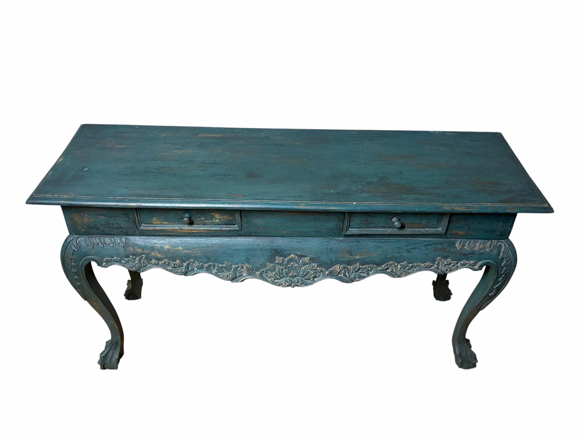 View 2 of ANTIQUE AGED TEAL FINISH SOLID WOOD CLAWFOOT TABLE 55” X 17” H30”