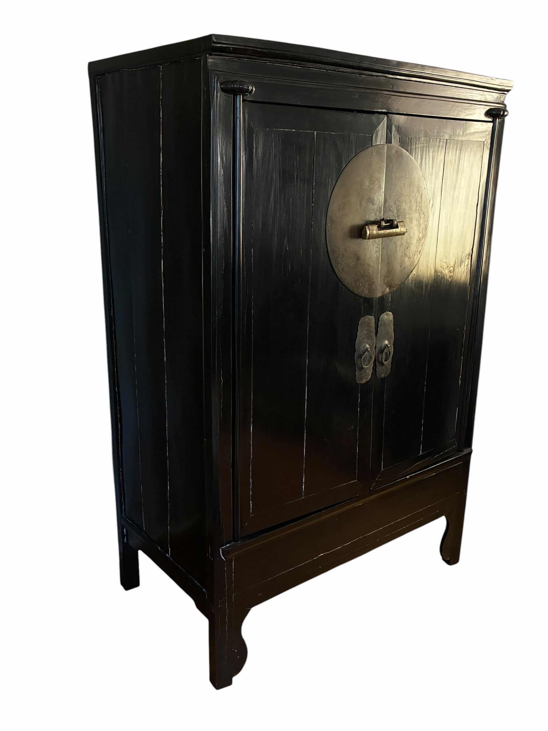 Photo 1 of ANTIQUE BLACK SOLID WOOD AGED BRASS 2-DOOR ARMOIRE W VINTAGE LOCK 43.5” X 26“ H67“